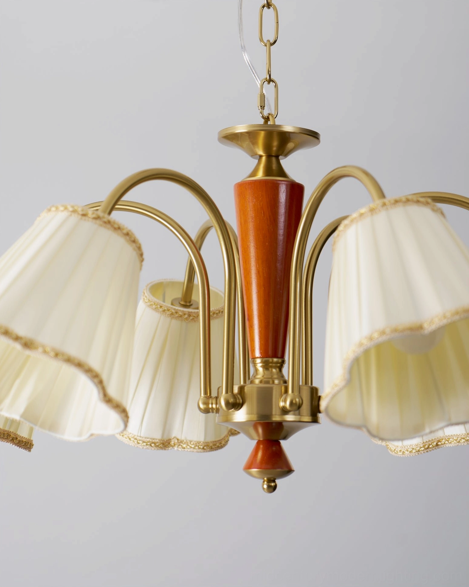 Florentine fabric chandelier elegant pendant with cream pleated shades and decorative brass arms