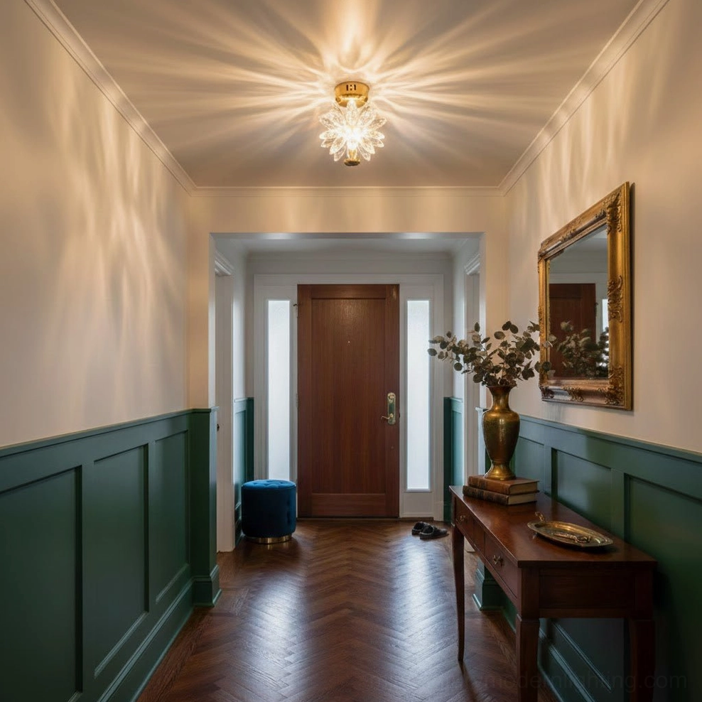 Flower ceiling lamp in entryway with green wainscoting, wooden console table and wall mirror traditional design