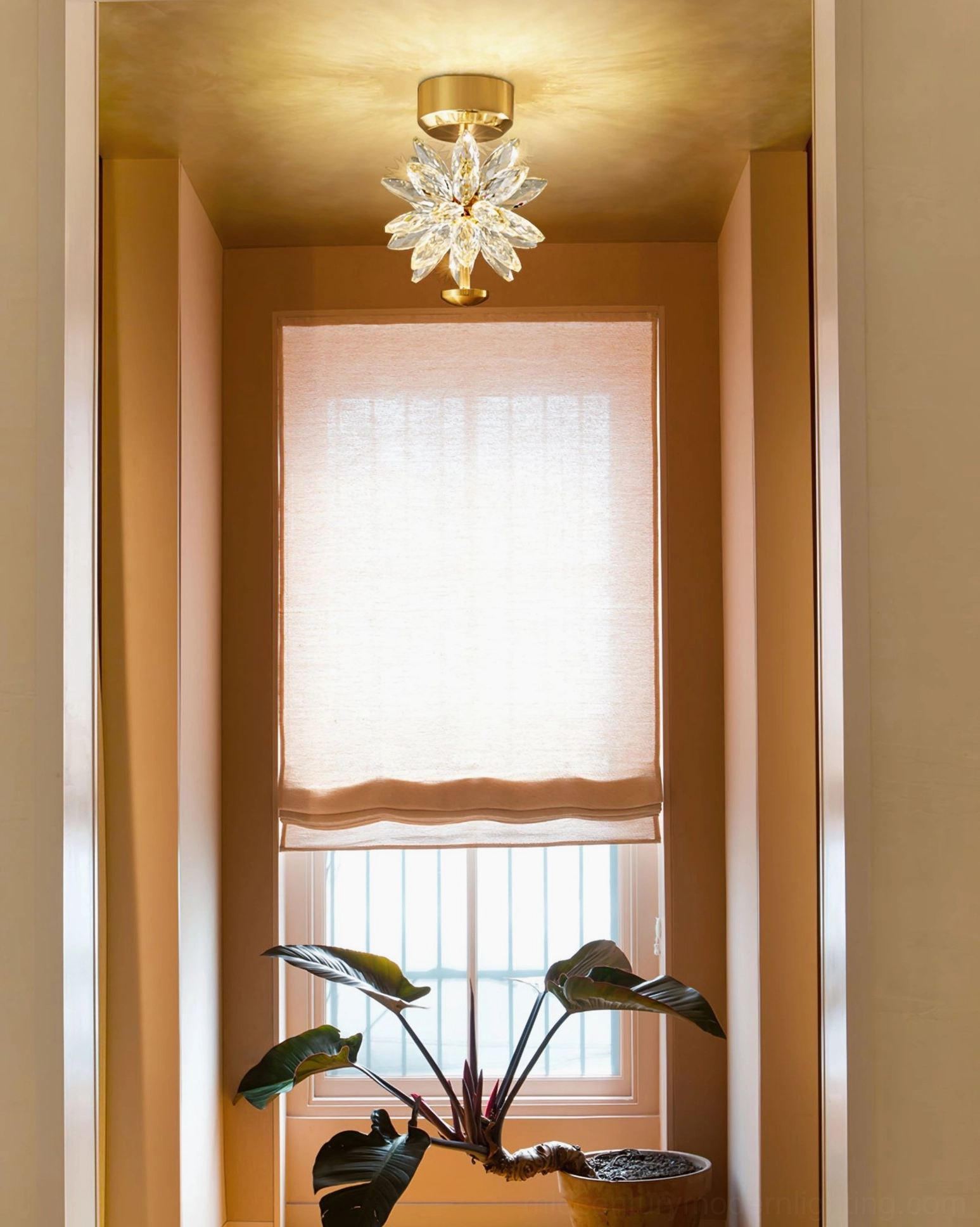 Flower ceiling lamp overhead view showing crystal petal arrangement and integrated LED warm light source