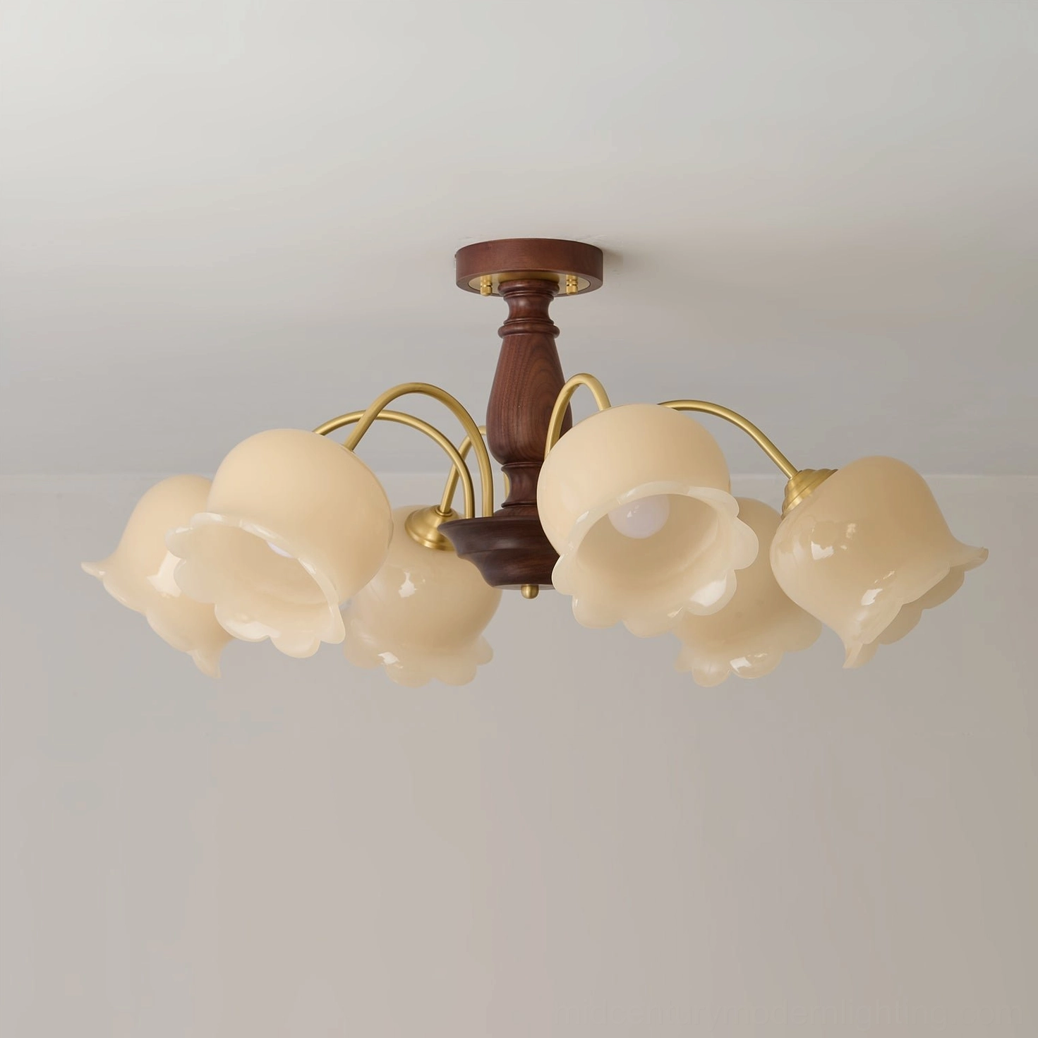6-head flower chandelier close-up showing glass shade interiors, warm vintage lighting effect, hand-crafted glass details