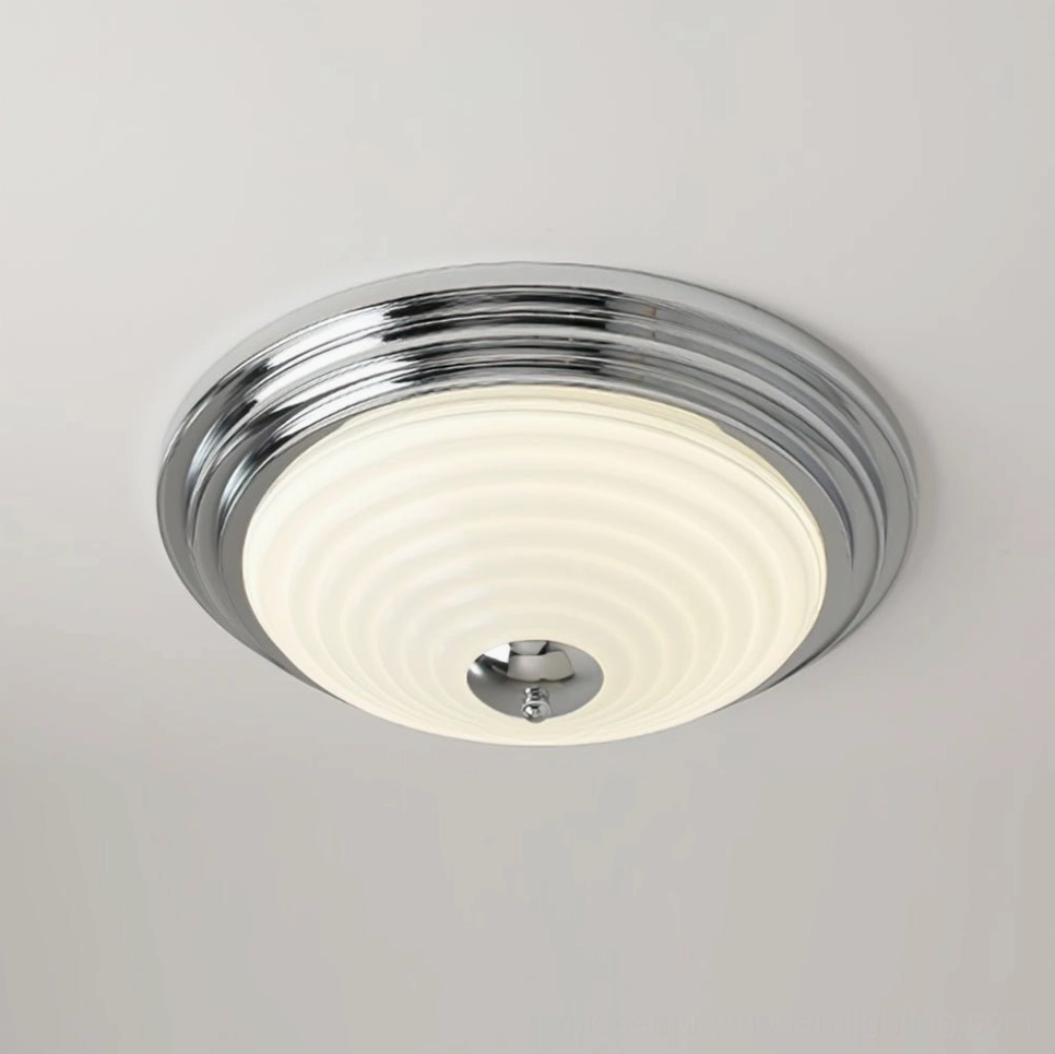 Flush mount ceiling lamp installed in contemporary interior, warm LED light, 36W integrated LED fixture