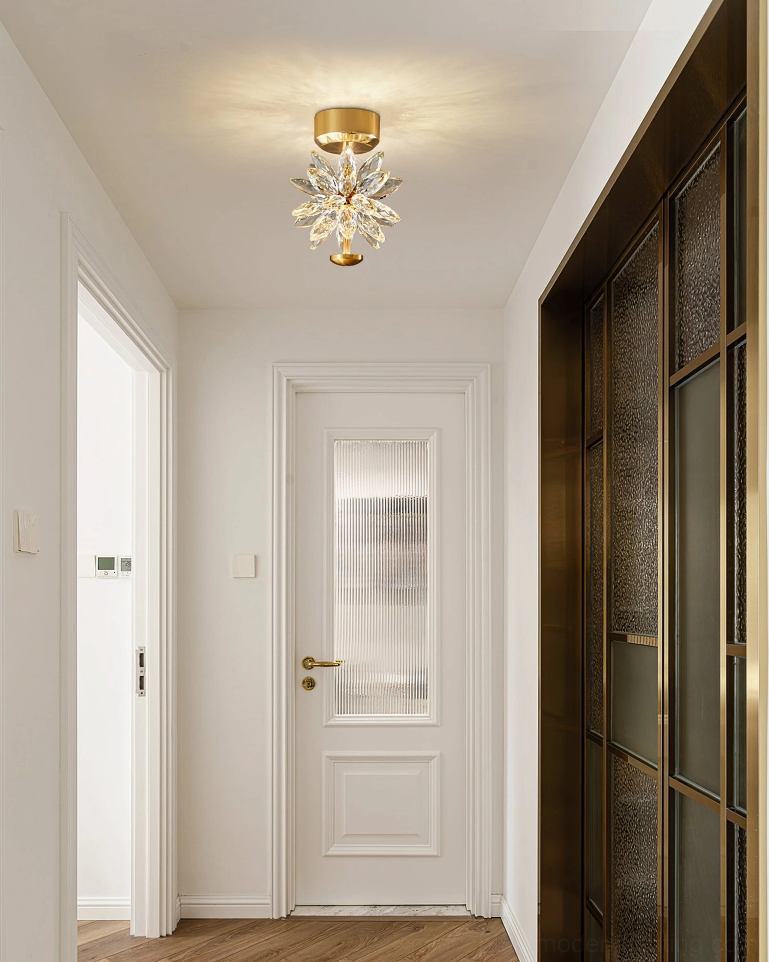Flush mount crystal flower lamp ceiling installation showing brass gold base and crystal petal design