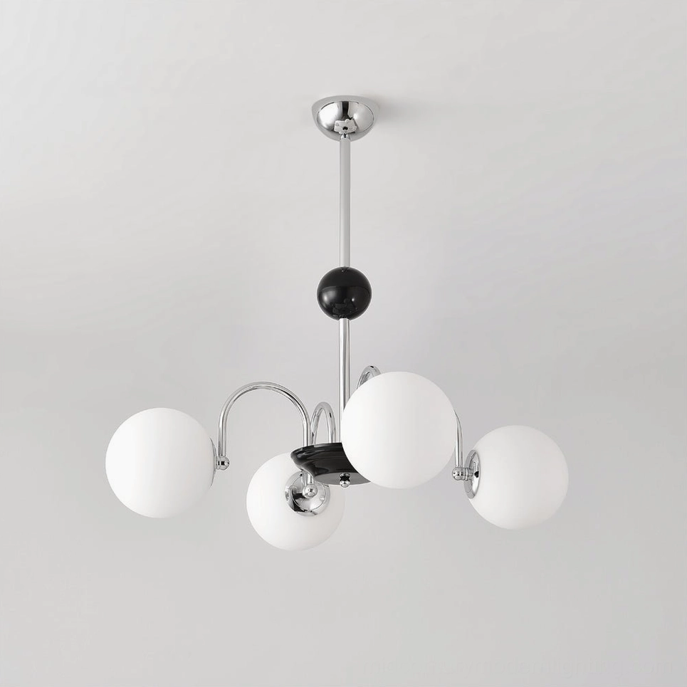 Four-head globe chandelier with chrome-black metal frame and matte white glass globes