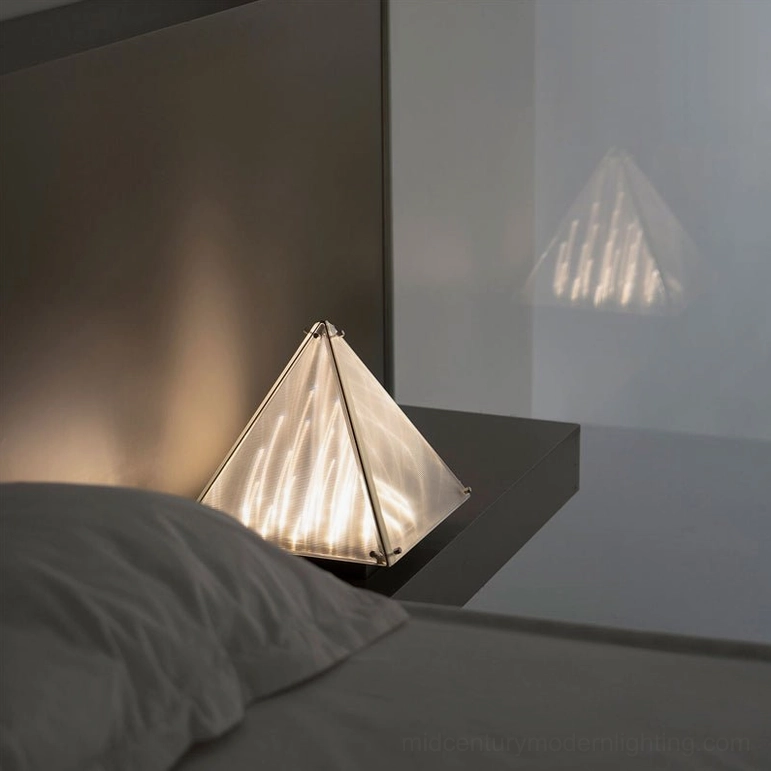 Fragment pyramid table lamp illuminated showing frosted acrylic diffuser light distribution
