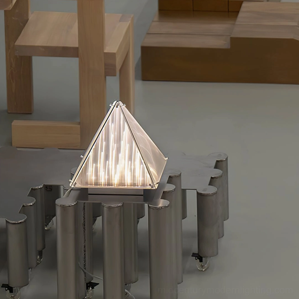 Fragment geometric pyramid lamp in styled home setting showing scale and proportion
