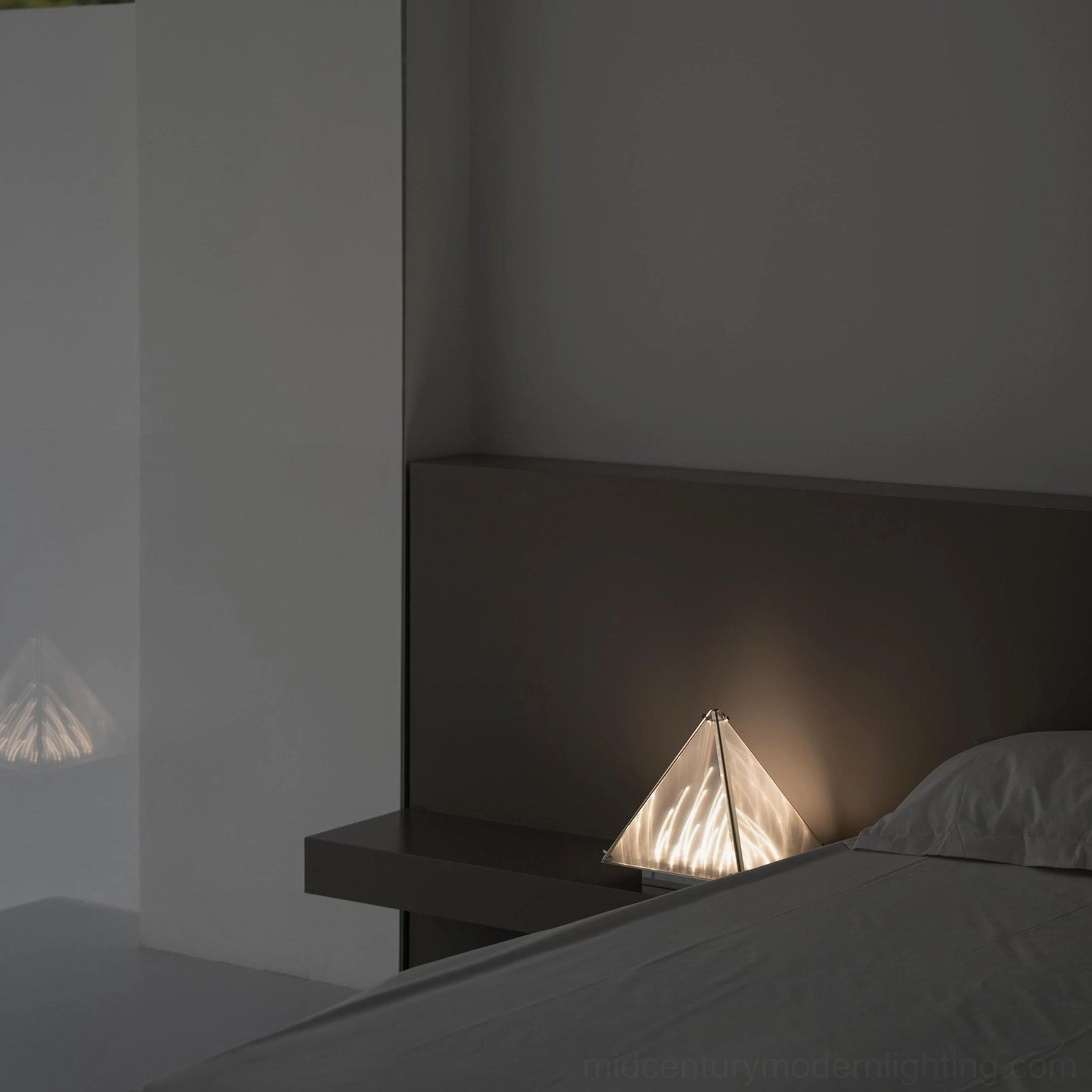Pyramid table lamp with push button switch detail and 150cm power cord overview