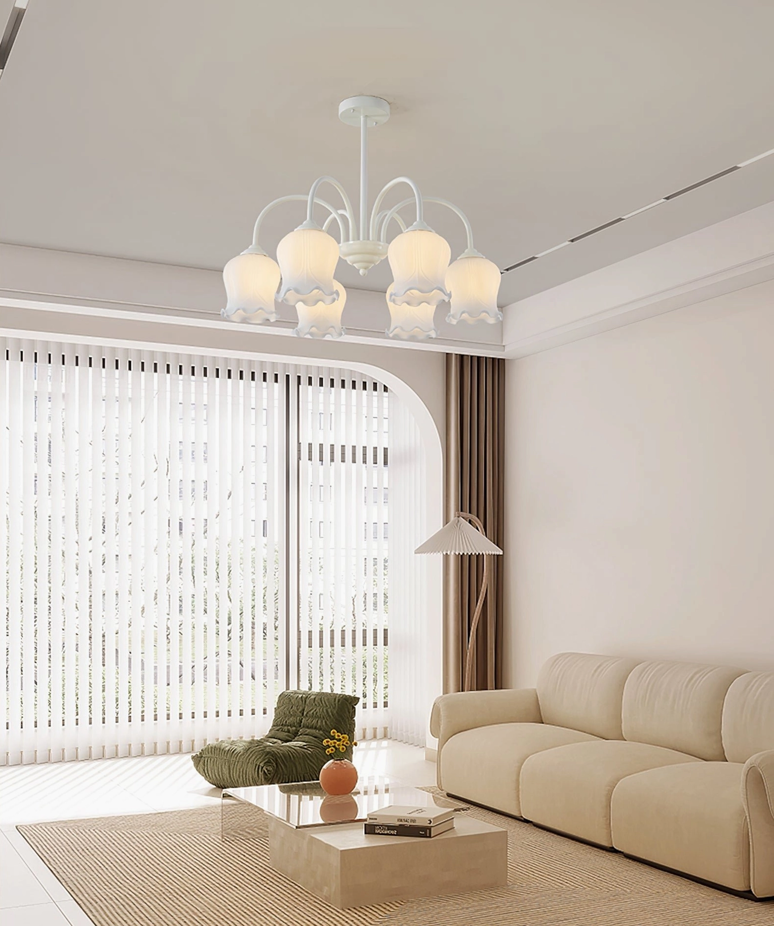 French country lily chandelier in bright minimalist space with large windows and natural light