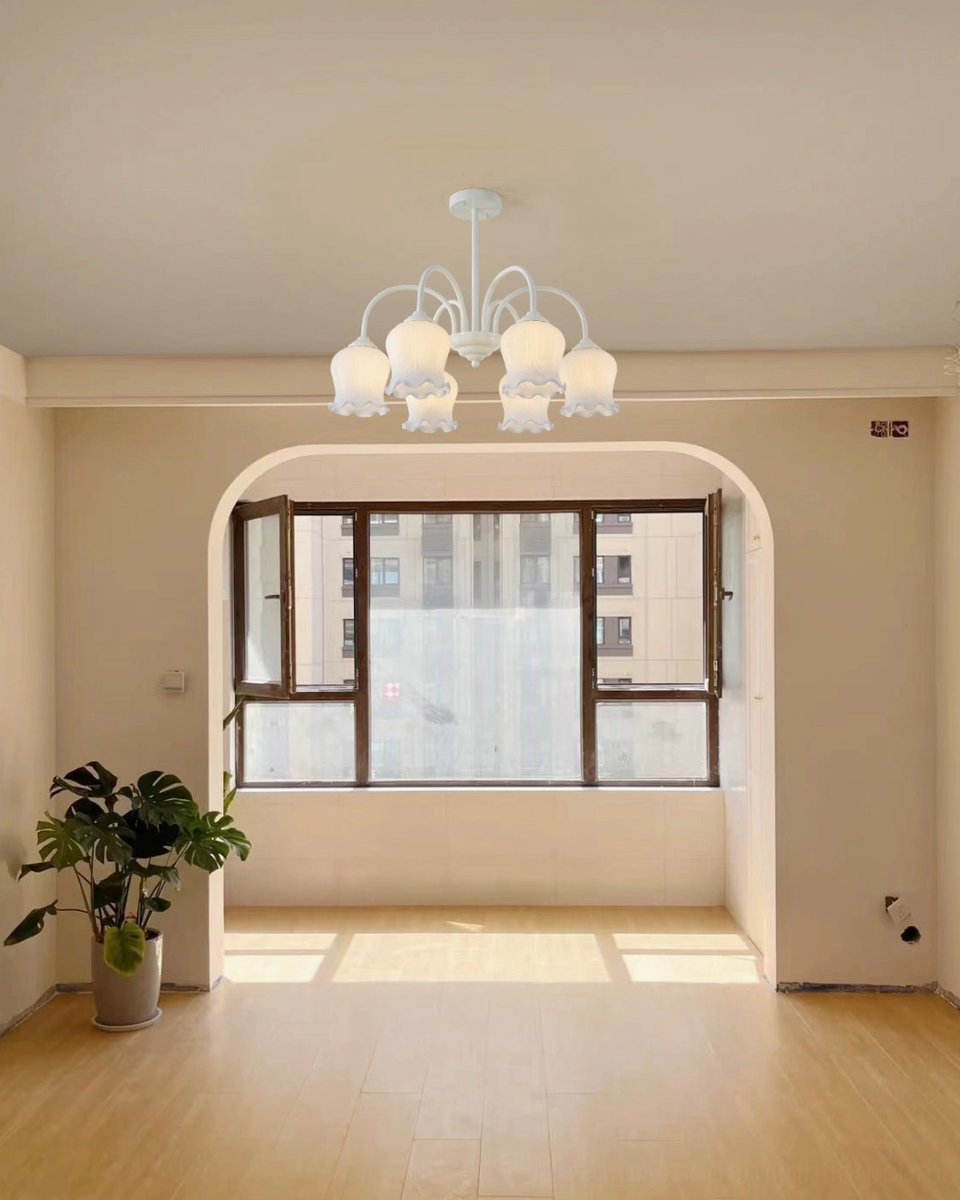 French country style lily chandelier showing suspension rod and ceiling mounting hardware installation detail