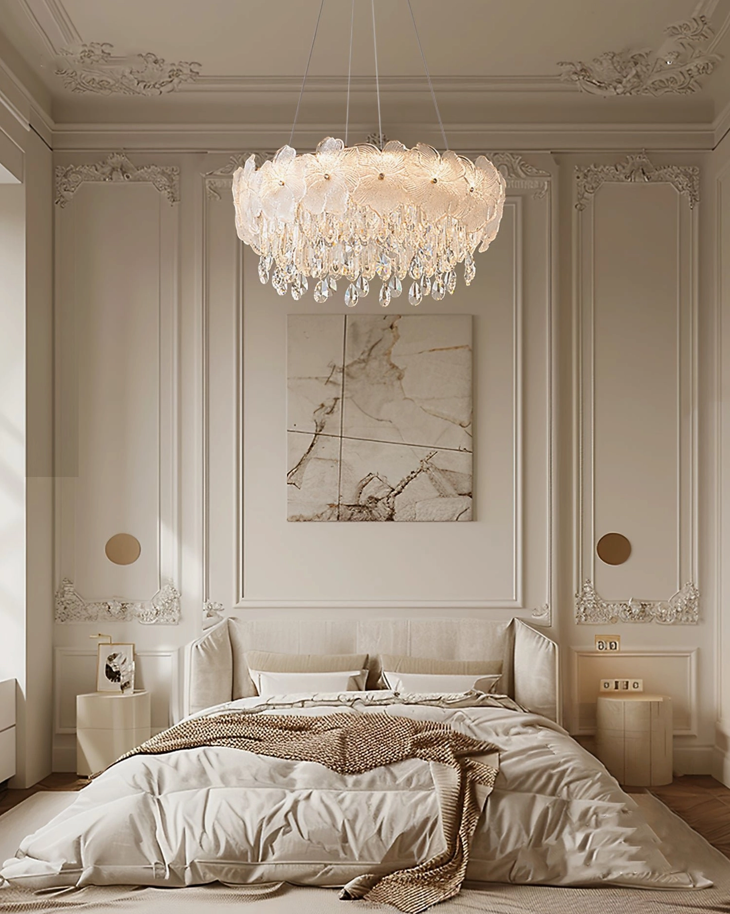 Frost flower glass chandelier installed in elegant French-style bedroom with warm ambient lighting for luxury aesthetic