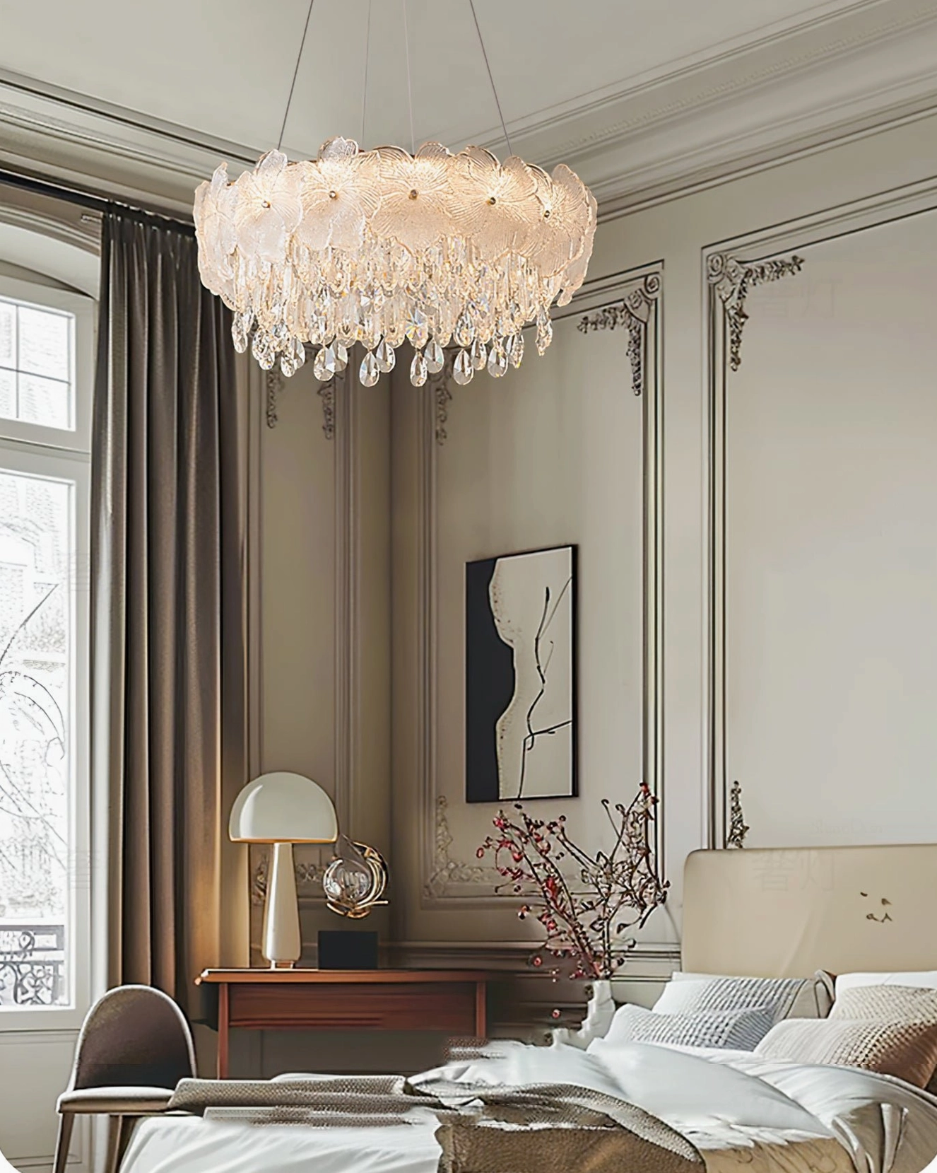 Frost flower glass chandelier luxury bedroom setting with study desk and coordinated neoclassical interior design