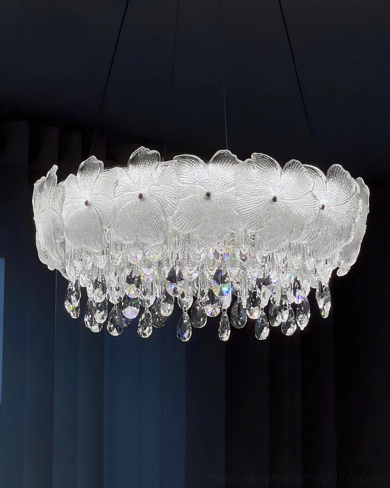 Frost flower glass chandelier wide room view in contemporary interior space with warm and cool light options