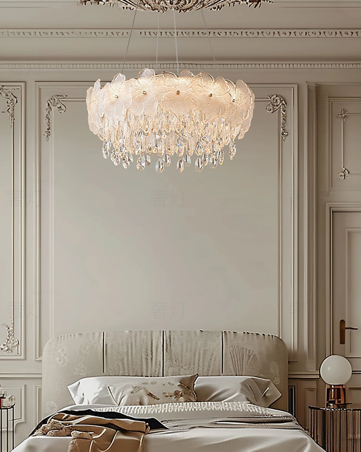 Frost flower glass chandelier installed in neoclassical bedroom with elegant luxury style and warm lighting ambiance