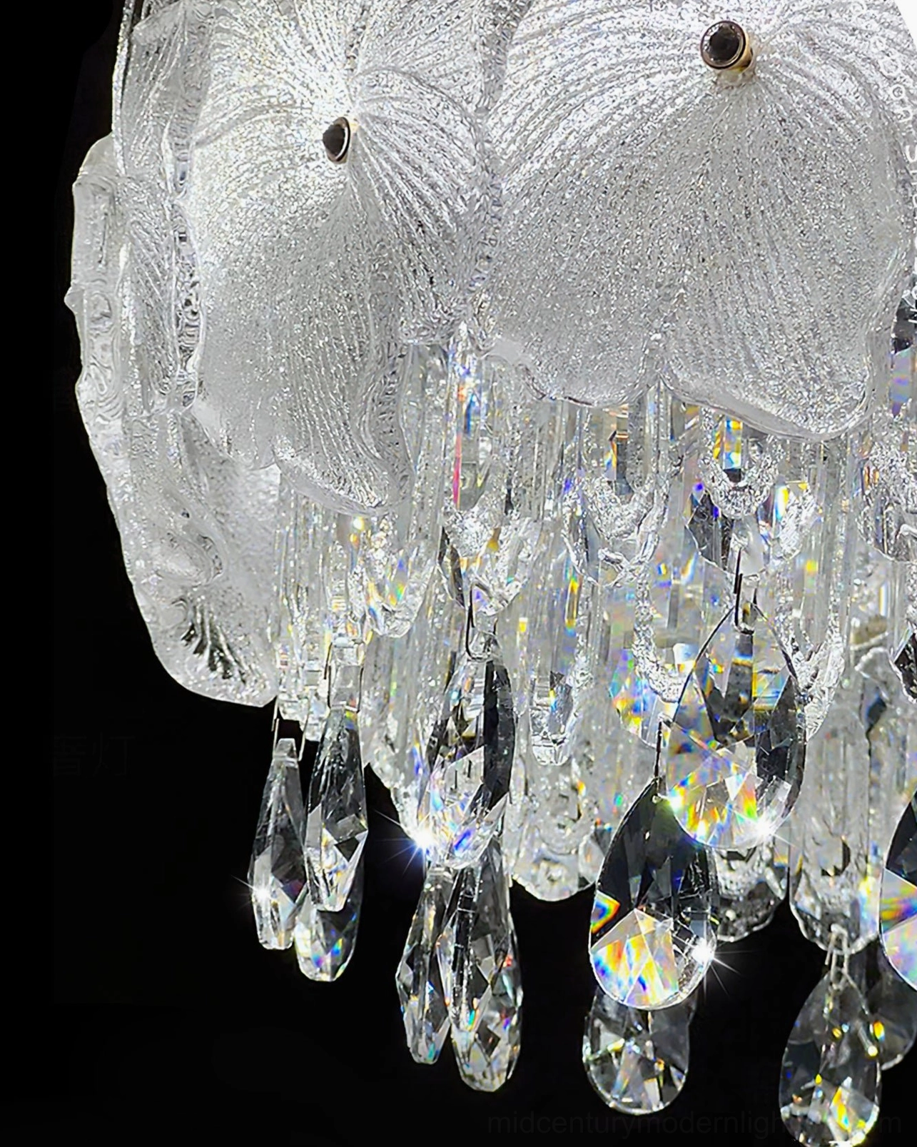 Complete frost flower glass chandelier dark background side view showing full cascade of crystal pendants and glass shades