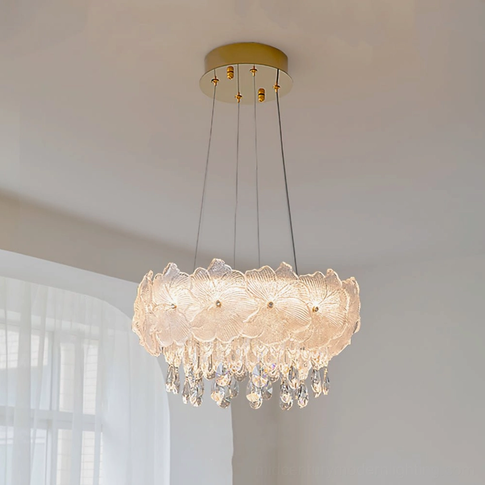 Compact 40cm frost flower glass chandelier with gold stainless steel frame and faceted crystal droplets