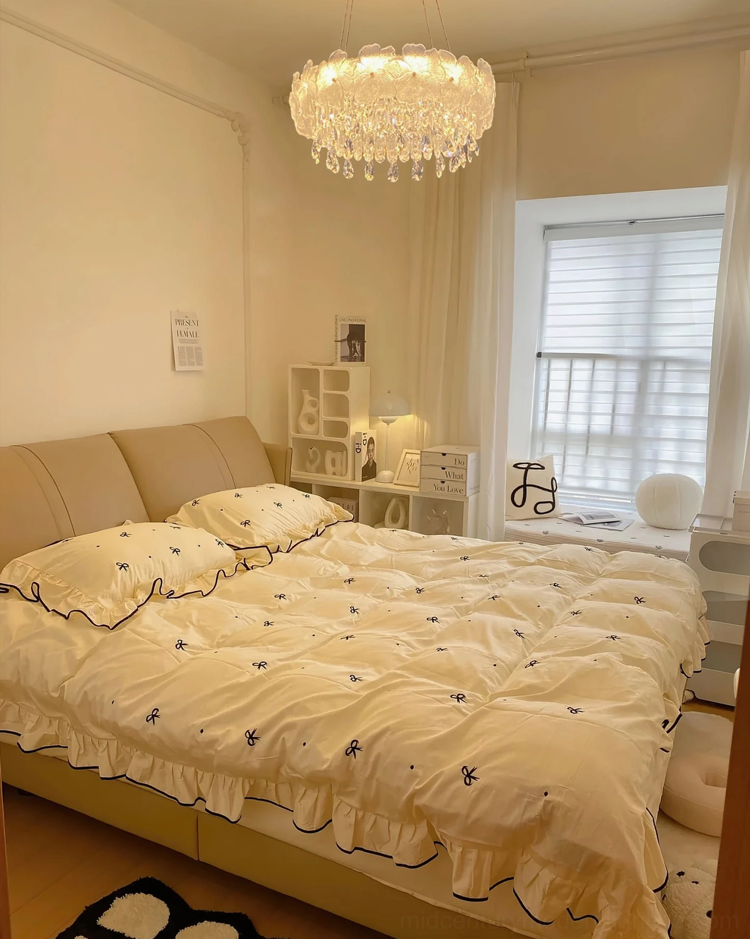 Modern frost flower crystal chandelier in luxury bedroom setting showcasing gold finish and glass petal design