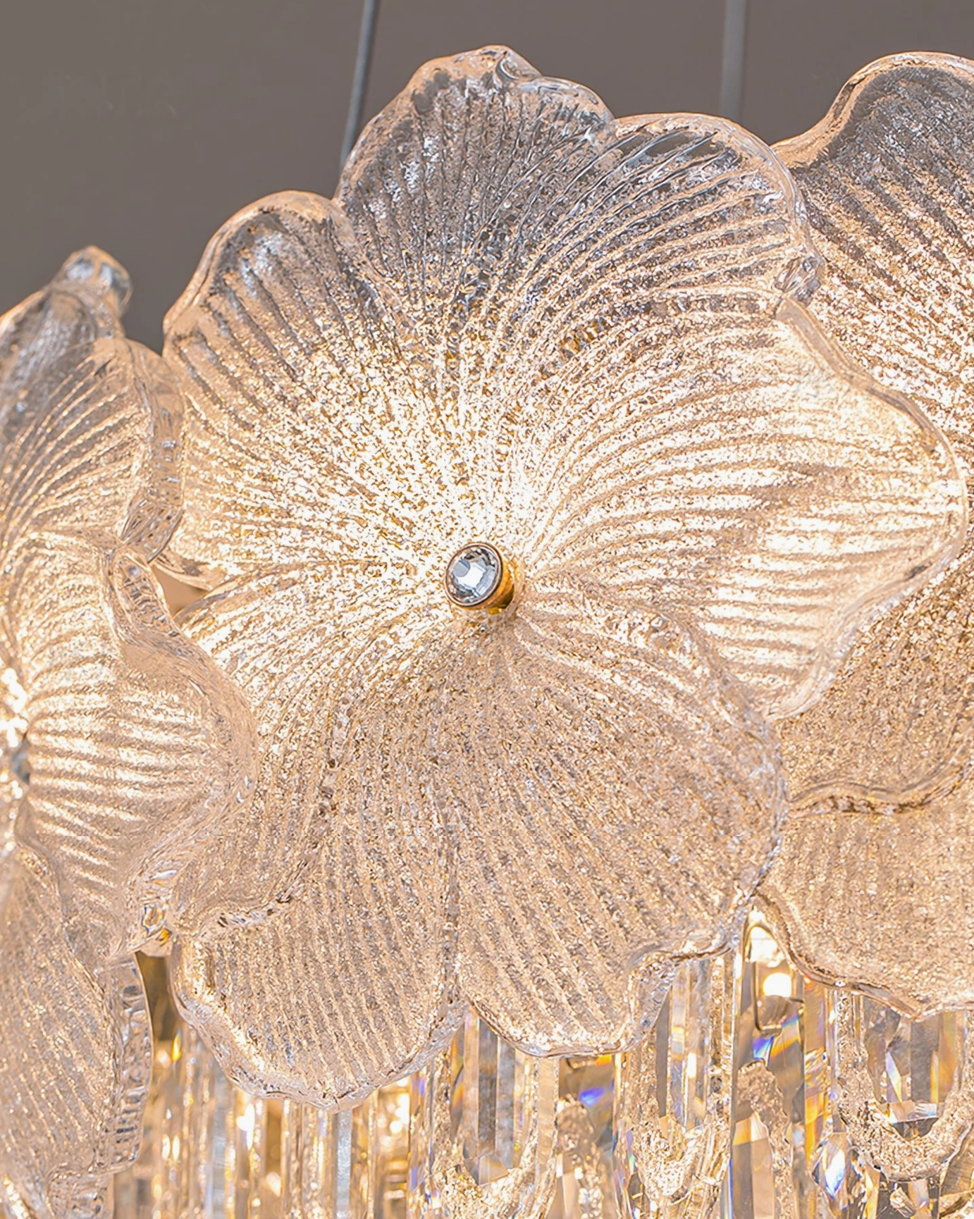 Close-up of textured frosted glass petal shade with integrated LED warm light illumination detail