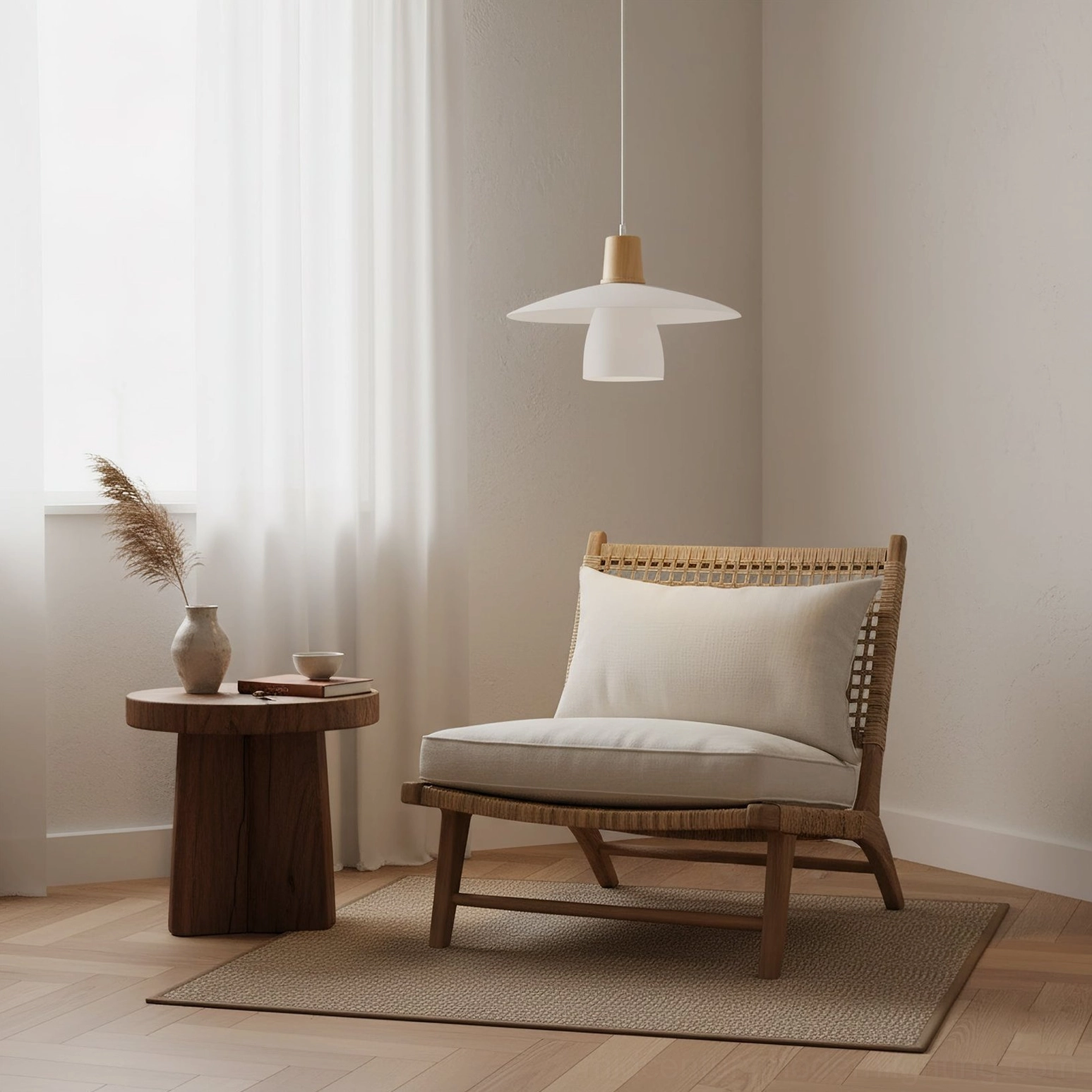 Wide brim frosted glass pendant light creating soft reading corner with nordic design