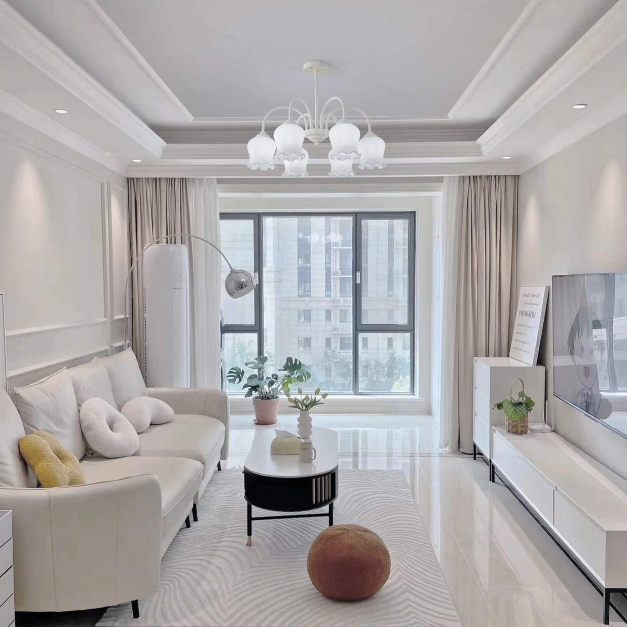 Frosted glass lily of the valley chandelier in contemporary entryway foyer creating sophisticated first impression