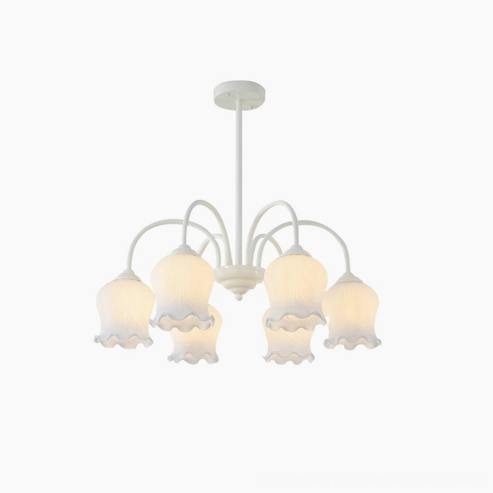 Frosted lily of the valley chandelier white metal frame and ruffled glass shades botanical inspired pendant light