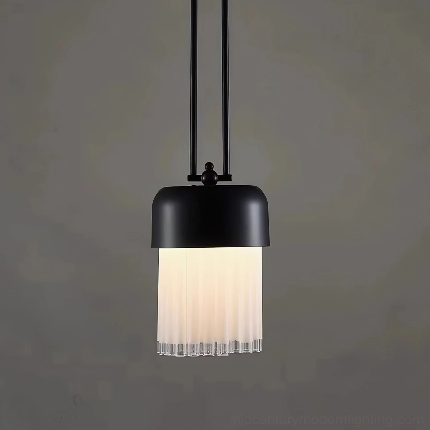 Frosted glass pendant shade detail, studio close-up showing ribbed texture pattern and matte black metal mounting