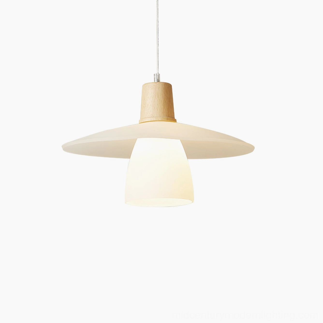 Frosted white glass pendant light with natural rubber wood top cap in minimalist design style