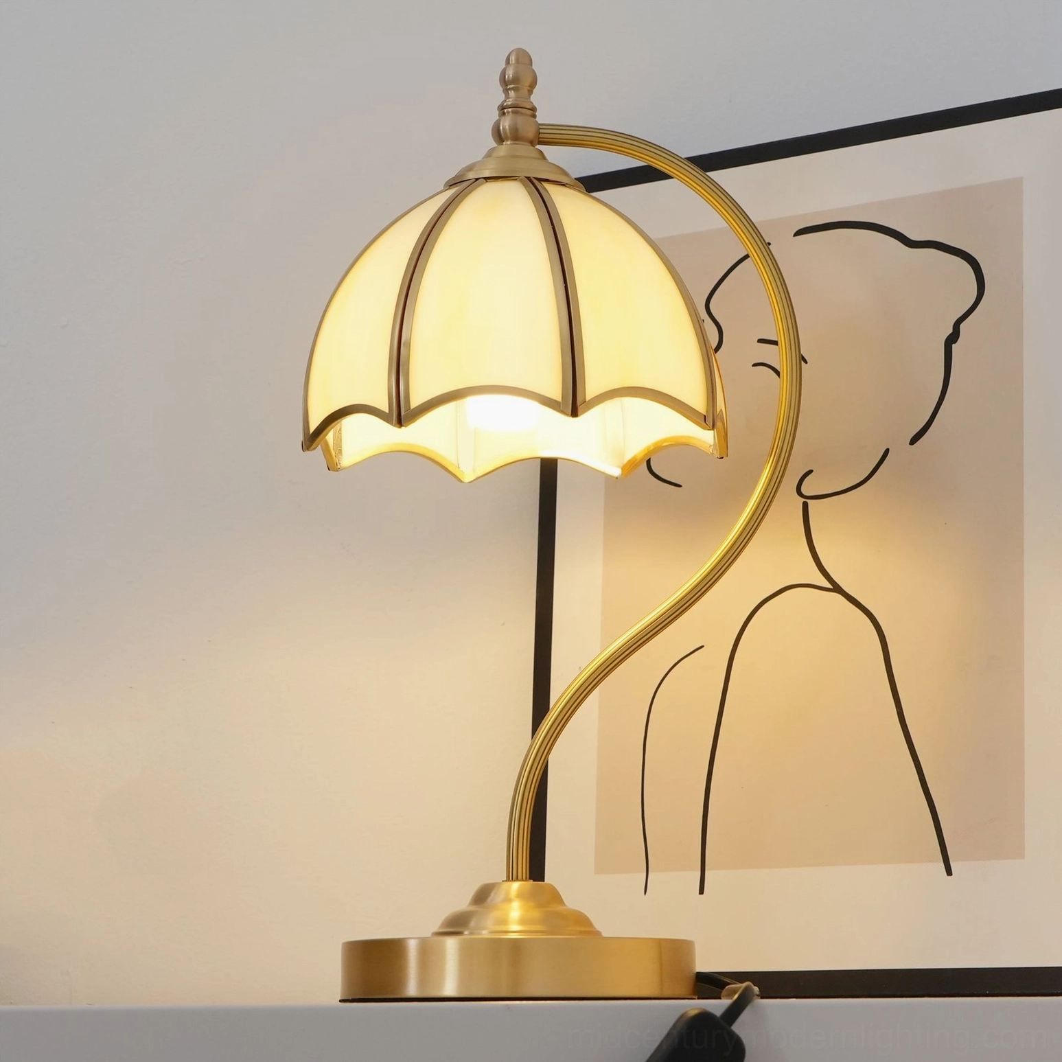 Frosted white glass umbrella lamp shade creating diffused warm ambient illumination