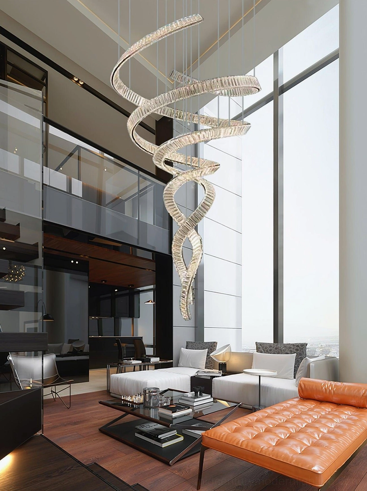 Full view spiral crystal staircase chandelier, continuous stainless steel armature with faceted crystal segments, luxury fixture