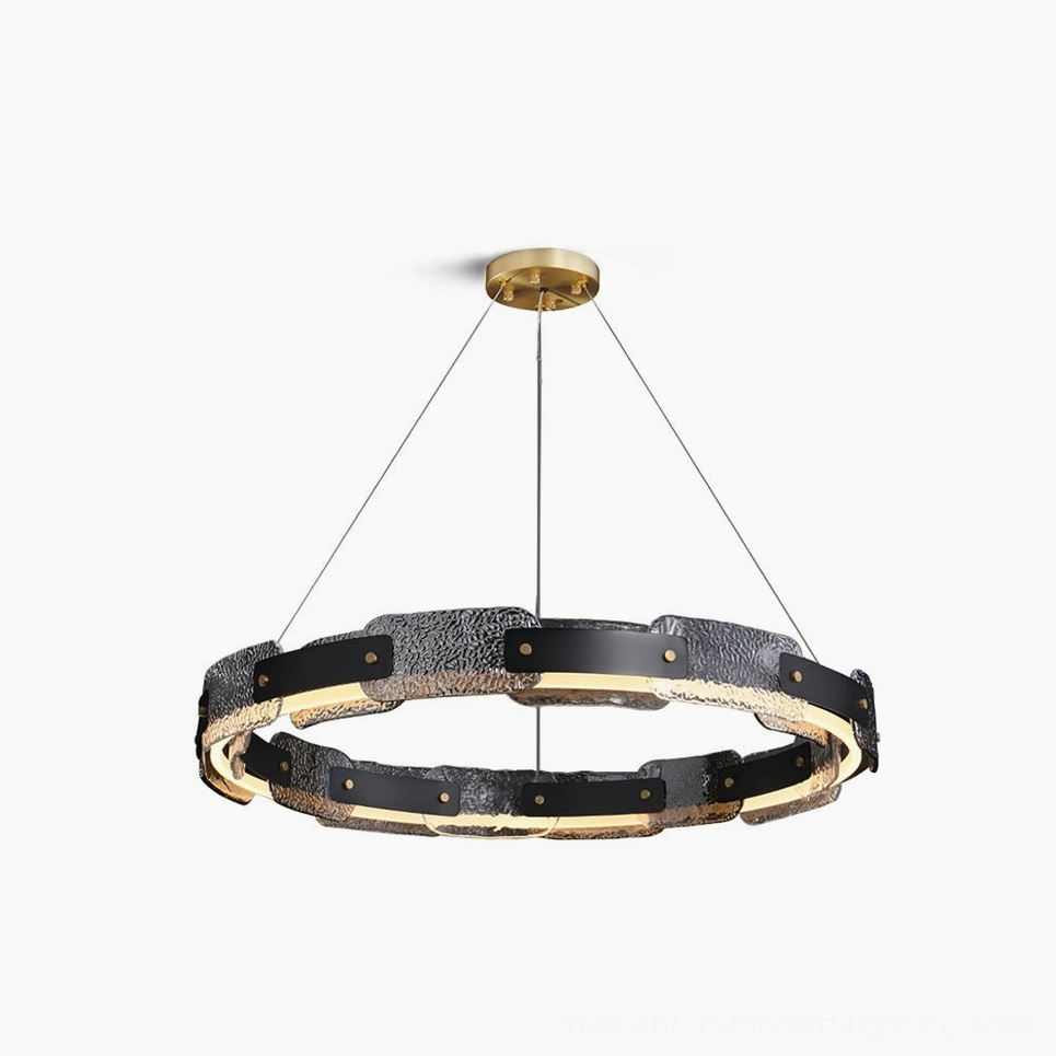 Fuze modern circular pendant chandelier with black iron frame and brass accents, front view against white background, hand-crafted ring light design