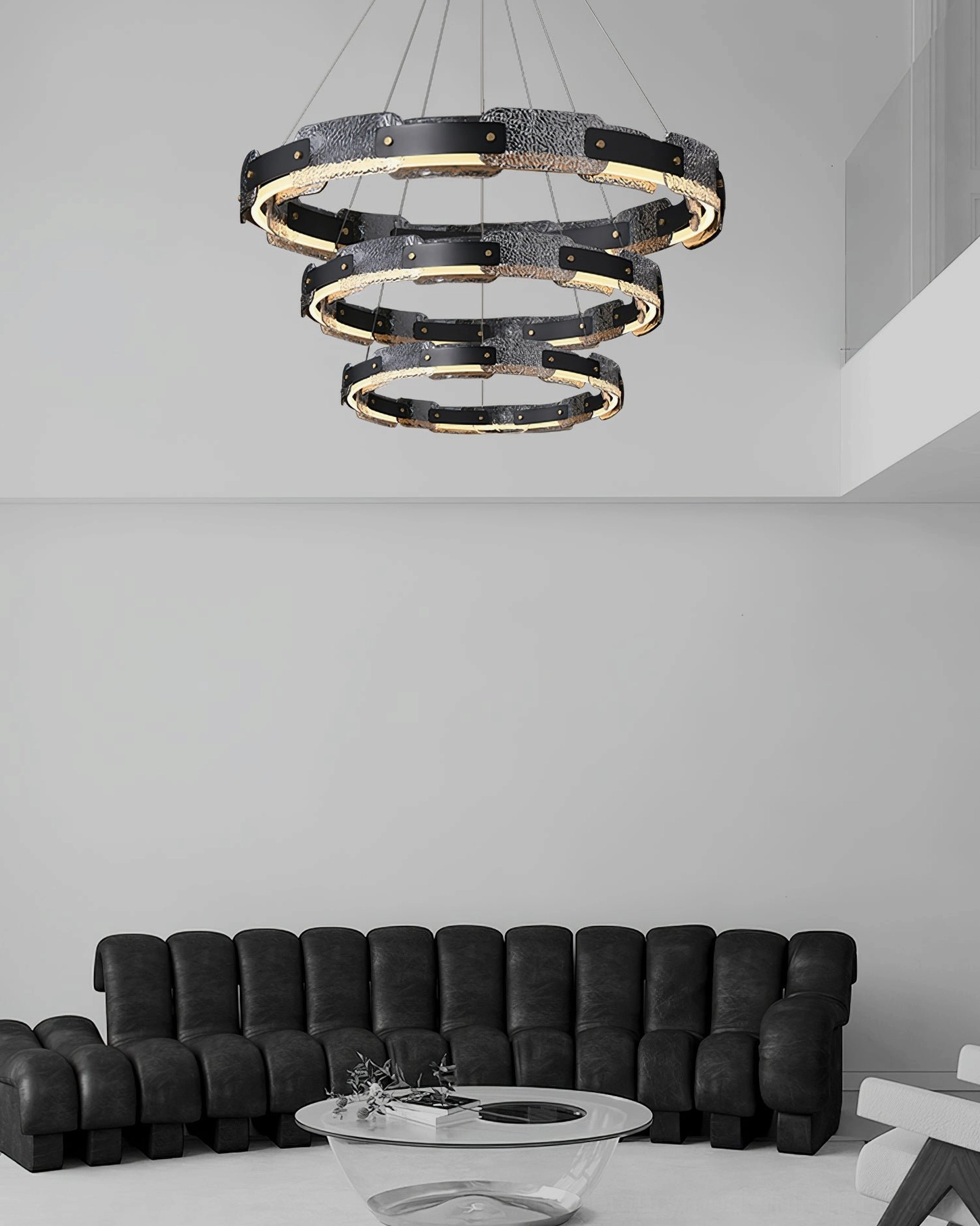 Fuze hand-crafted iron circular pendant chandelier highlighting mid-century modern design elements and minimalist aesthetic