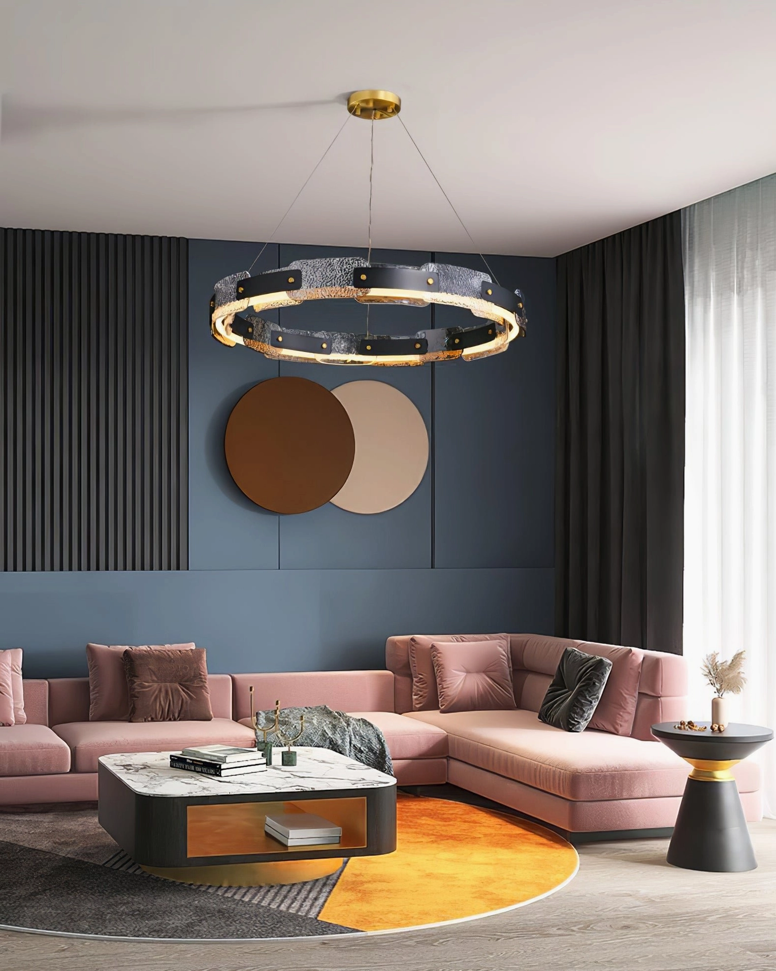 Fuze modern ring pendant in contemporary lounge living room with pink sectional sofa and geometric two-tone wall art