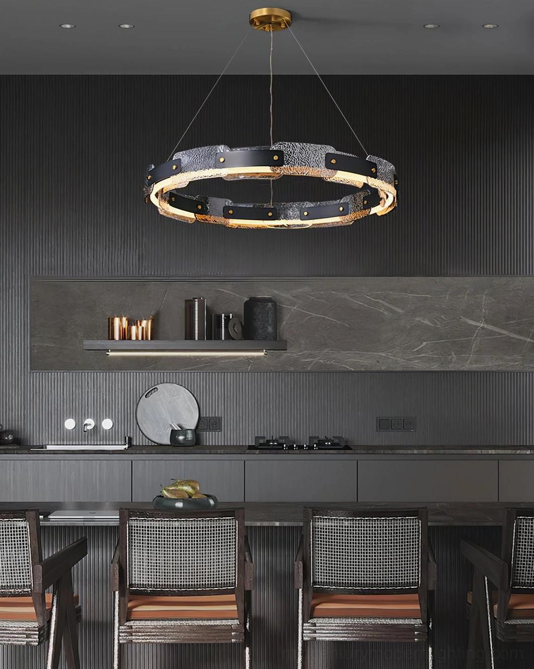 Fuze modern pendant light fixture showing black frame construction and brass details, sculptural ring design