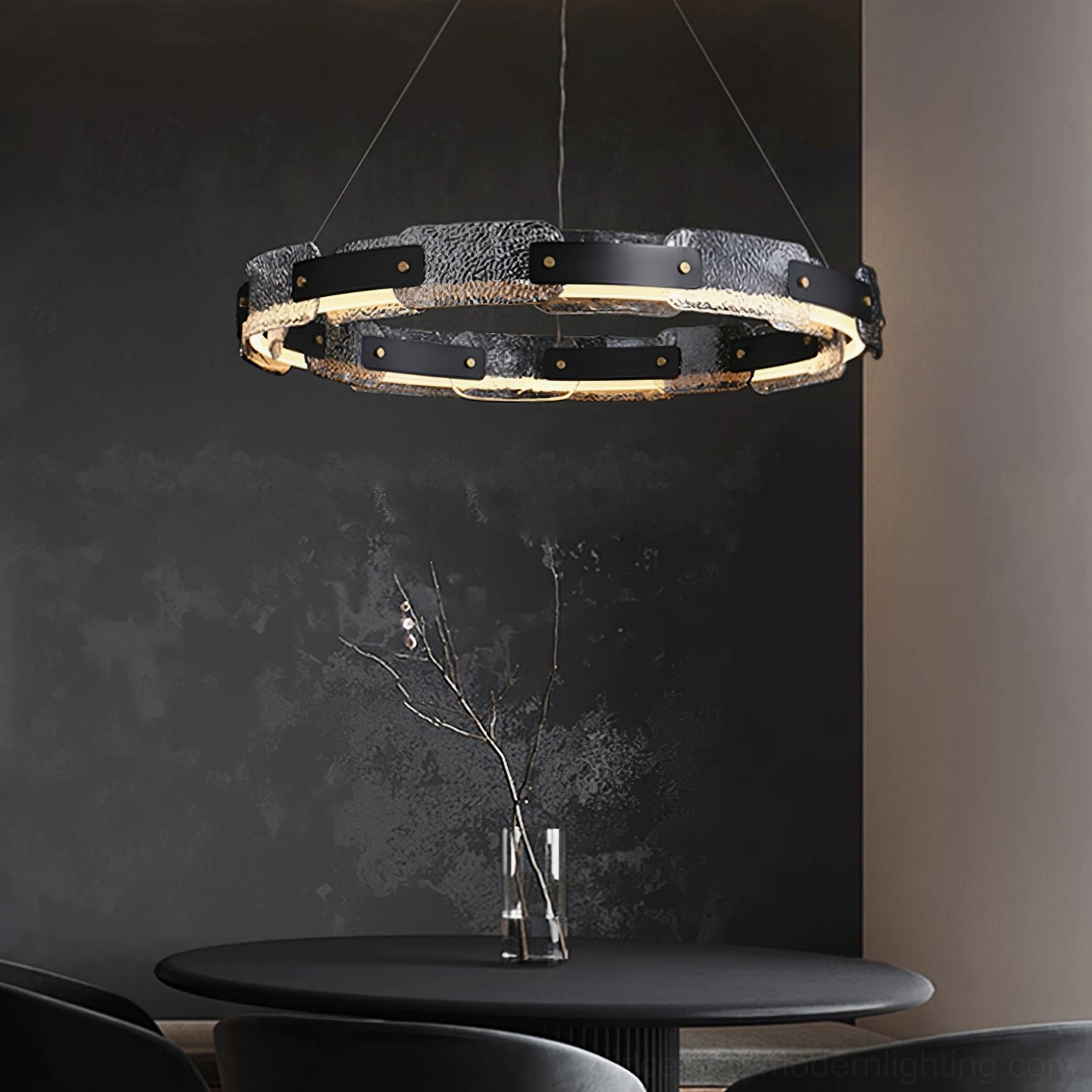 Fuze mid-century modern pendant light hanging in luxury dining area with warm LED ring illumination, eye-level perspective
