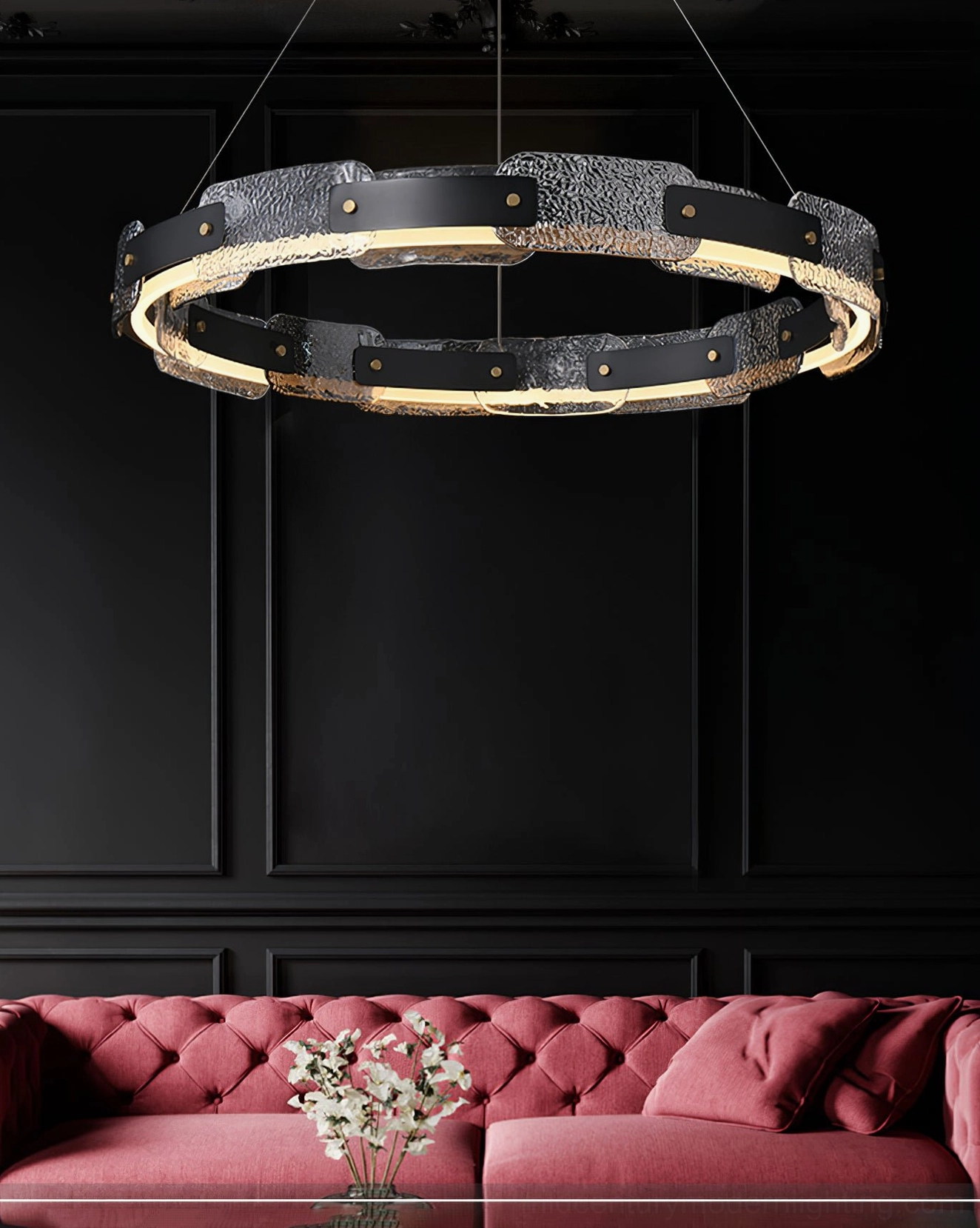 Fuze contemporary pendant chandelier in luxury living room with red tufted sofa, minimalist high-end interior design