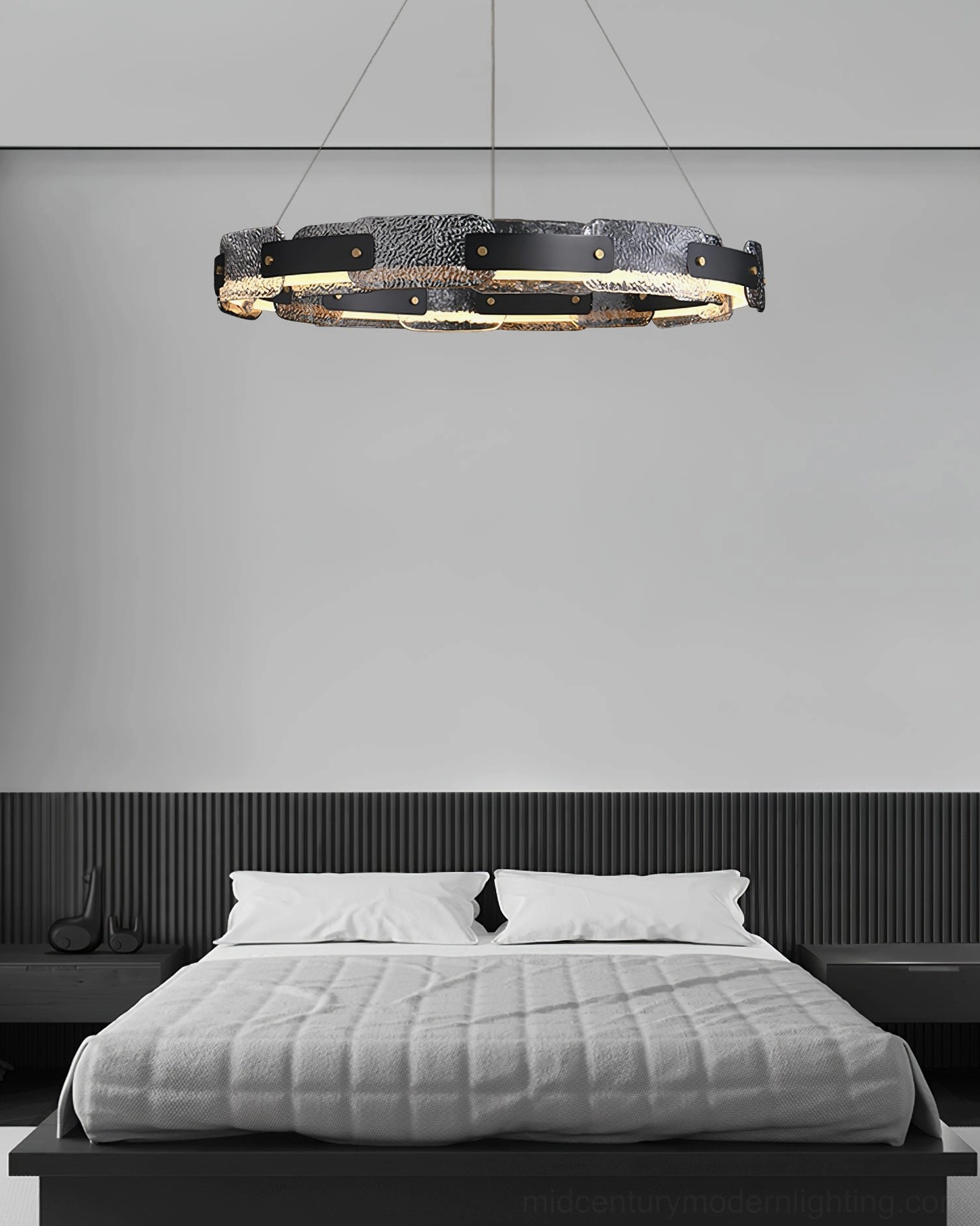 Fuze modern pendant chandelier in contemporary interior space, showcasing minimalist suspended ring lighting design