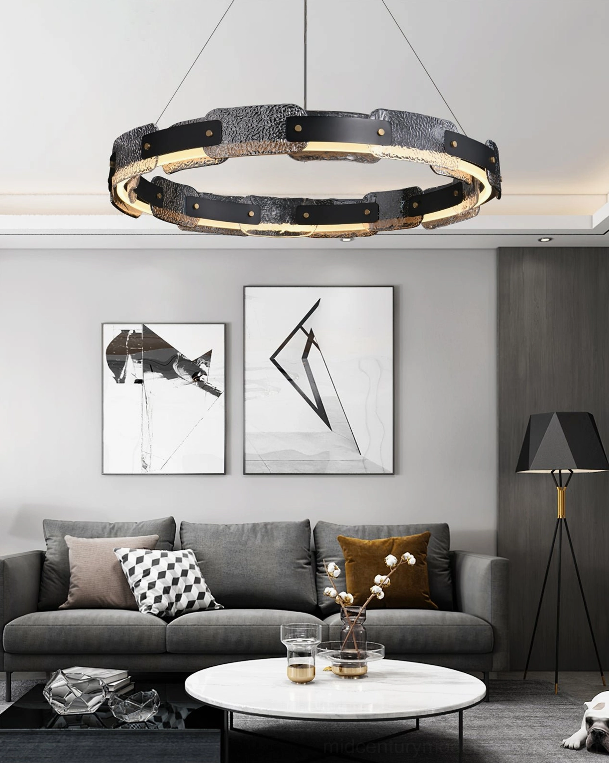 Fuze mid-century modern pendant light in minimalist living room with grey sofa, geometric wall art and neutral decor