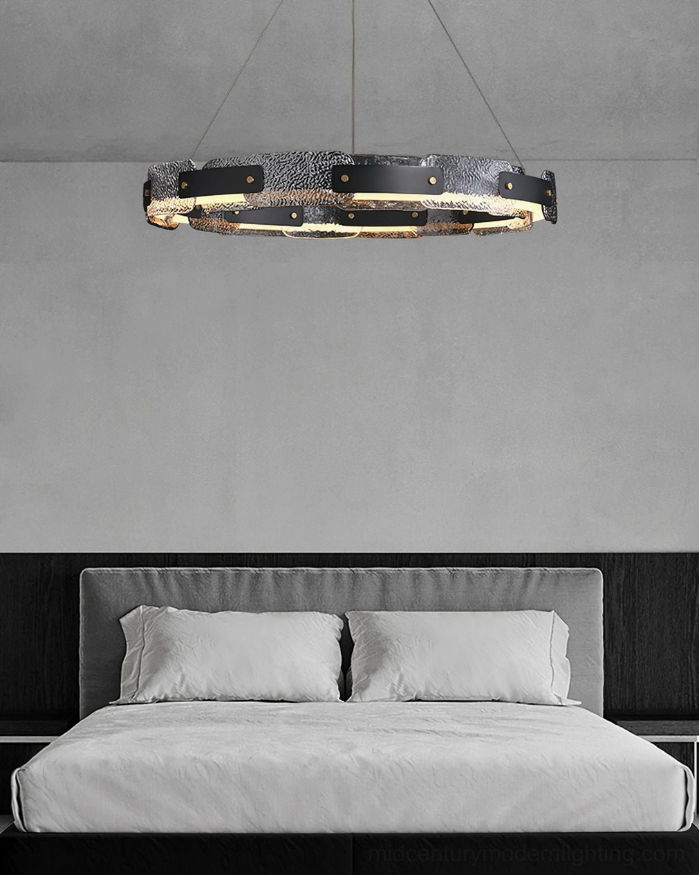 Fuze mid-century modern pendant chandelier showing smoke gray glass and integrated LED lighting technology