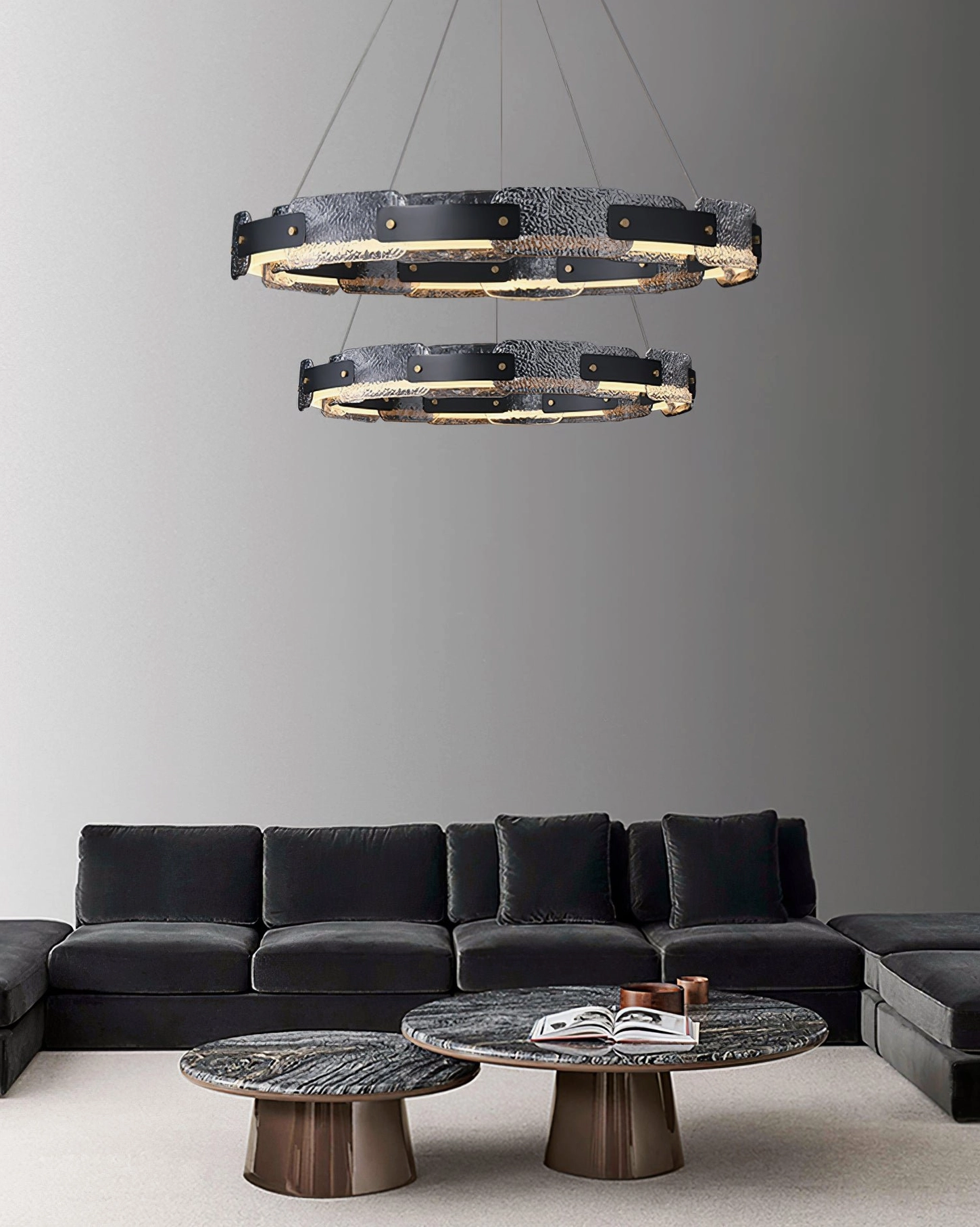 Fuze modern circular pendant light with suspended cord design in refined interior setting, architectural lighting perspective