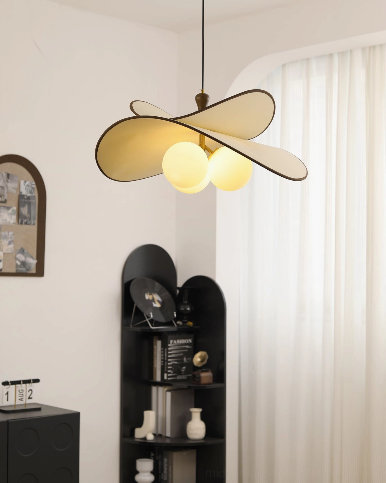 Fyano mid-century modern pendant light beige fabric walnut wood aesthetic dining room
