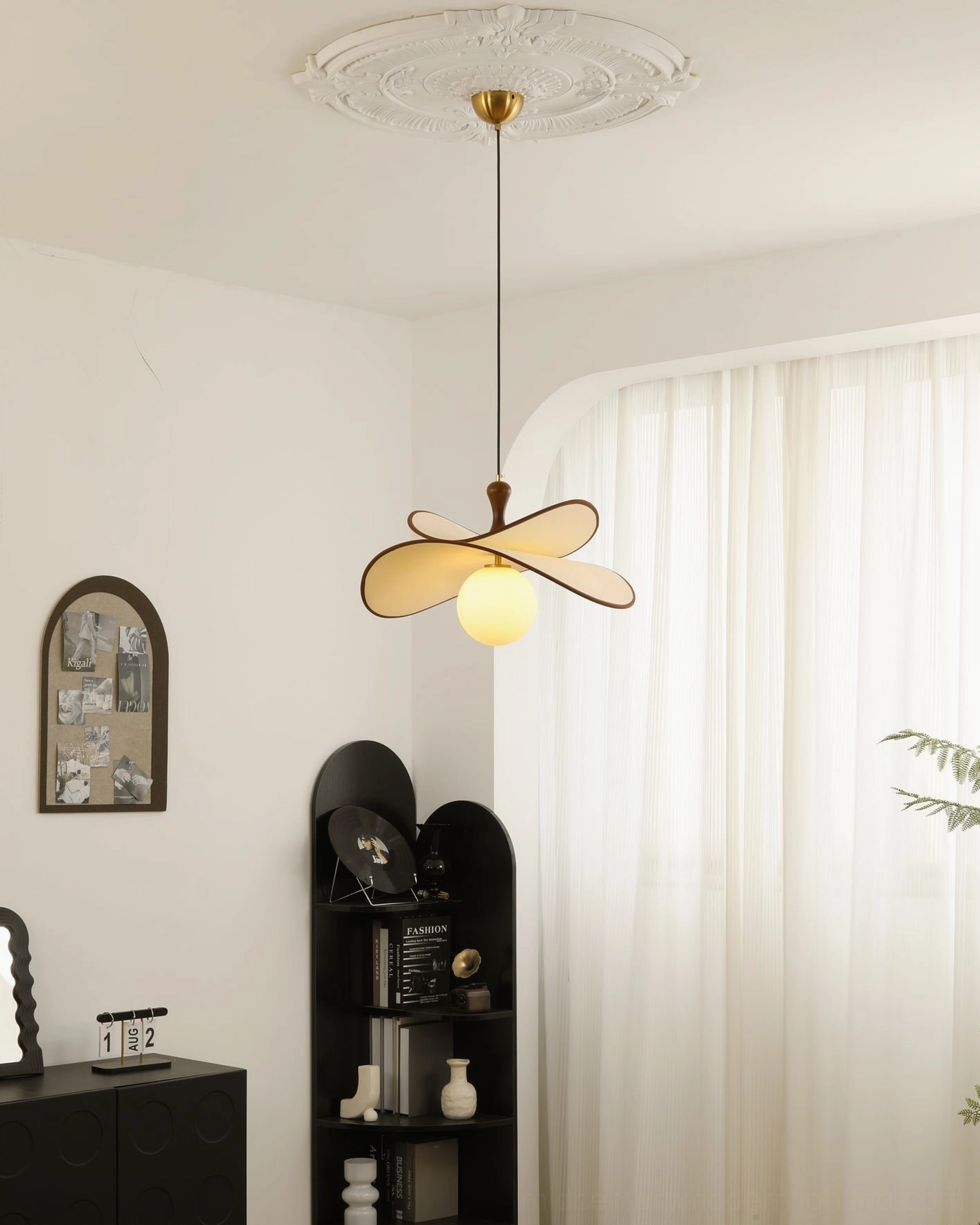 Fyano single-light petal pendant overhead view ceiling medallion natural daylight warm glow