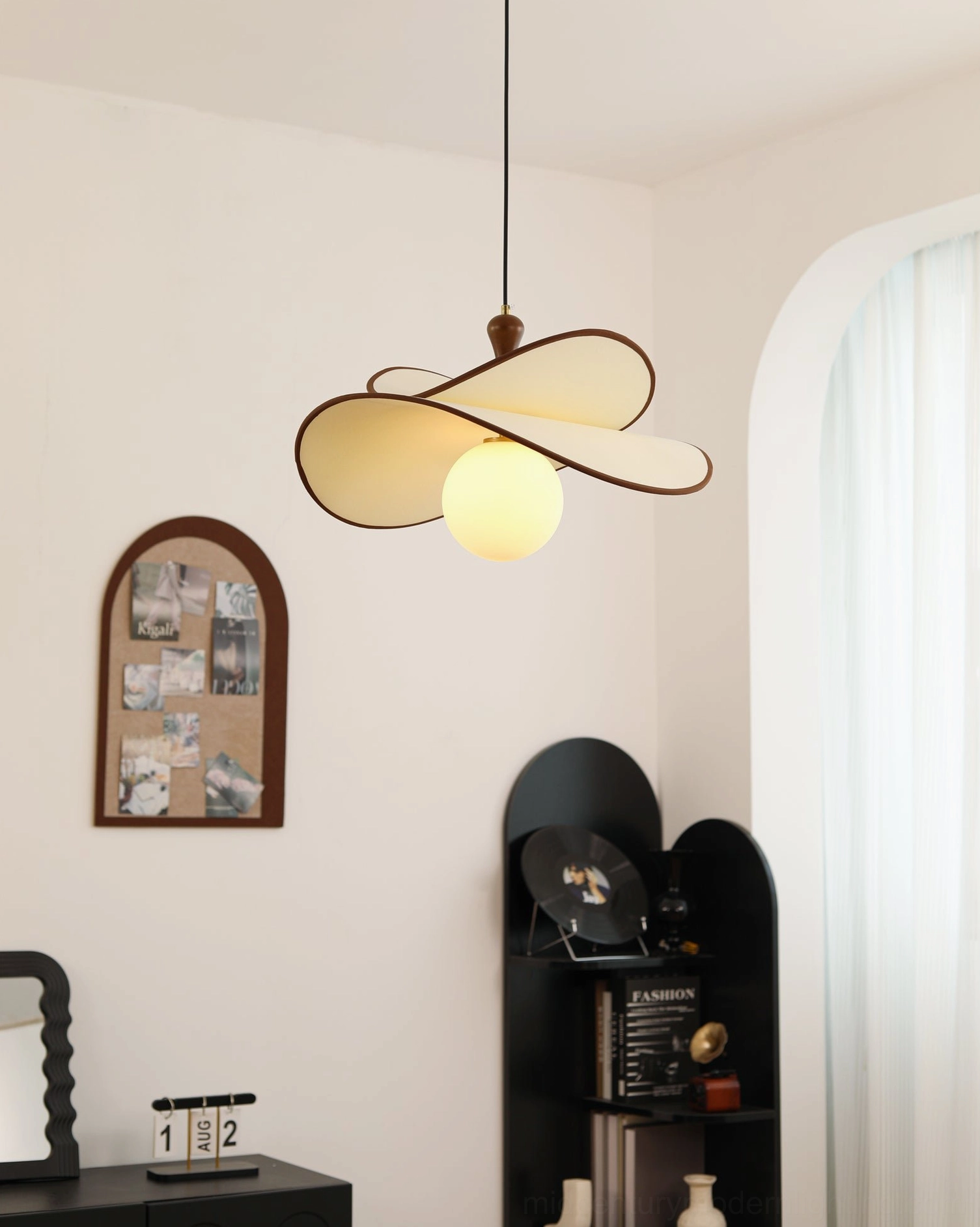 Fyano pendant light low-angle side view dark walnut wood finial fixture hardware detail