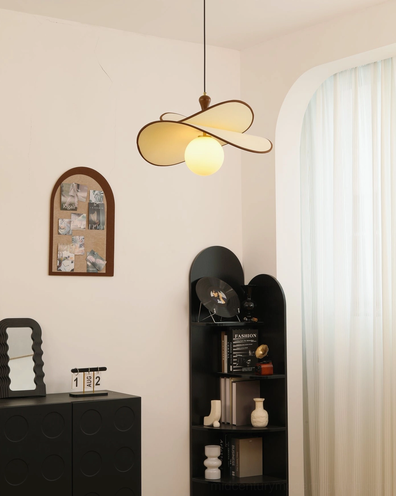Fyano single-light petal pendant with frosted glass bulb side view French vintage home setting