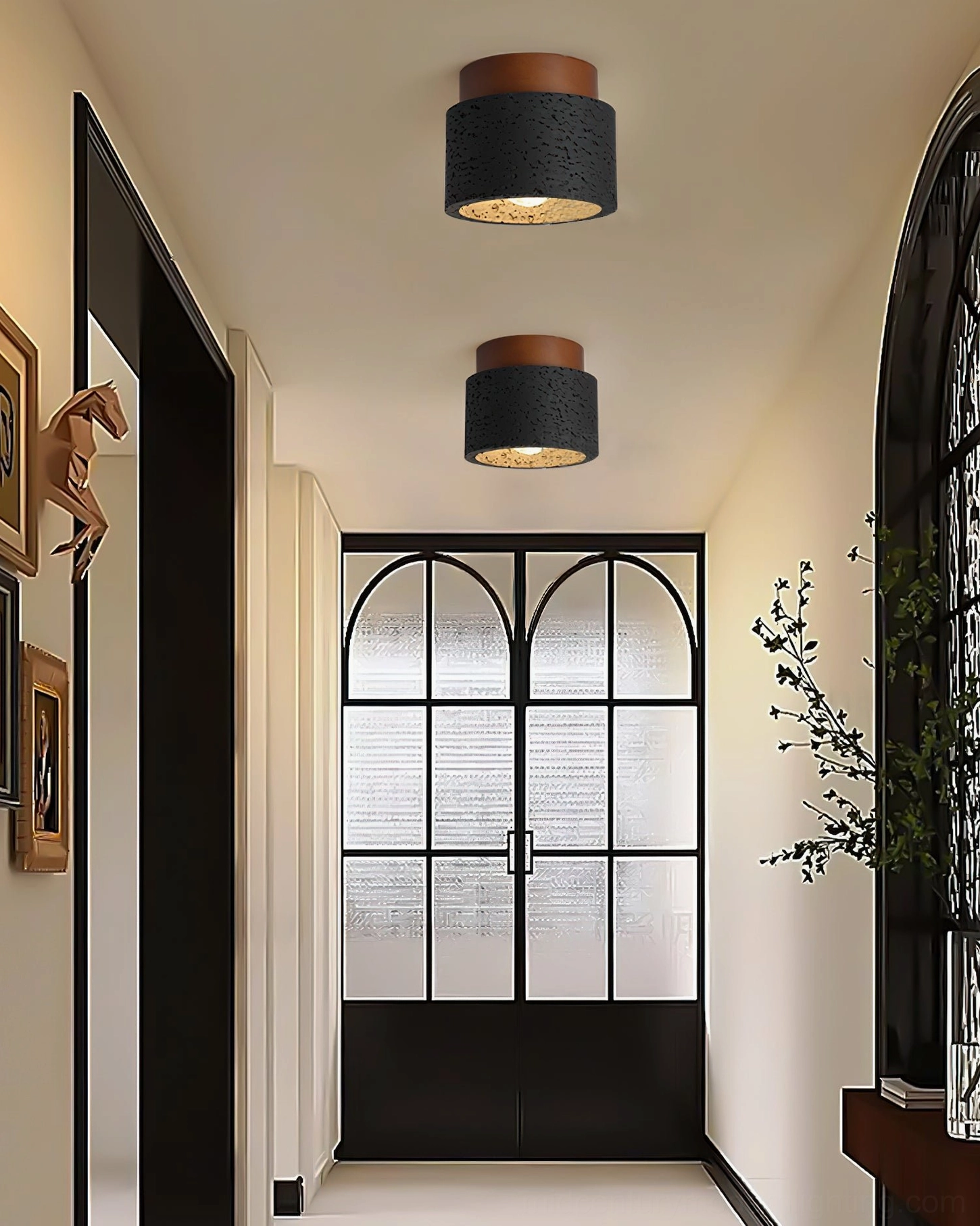 Gaila black travertine flush mount ceiling light wide hallway perspective black frame glass door