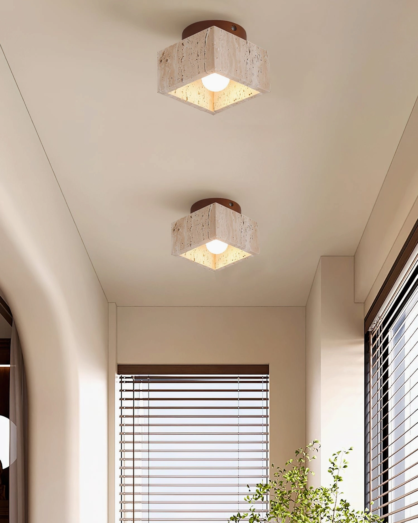 Gaila ceiling light installed in residential hallway eye-level view warm neutral aesthetic