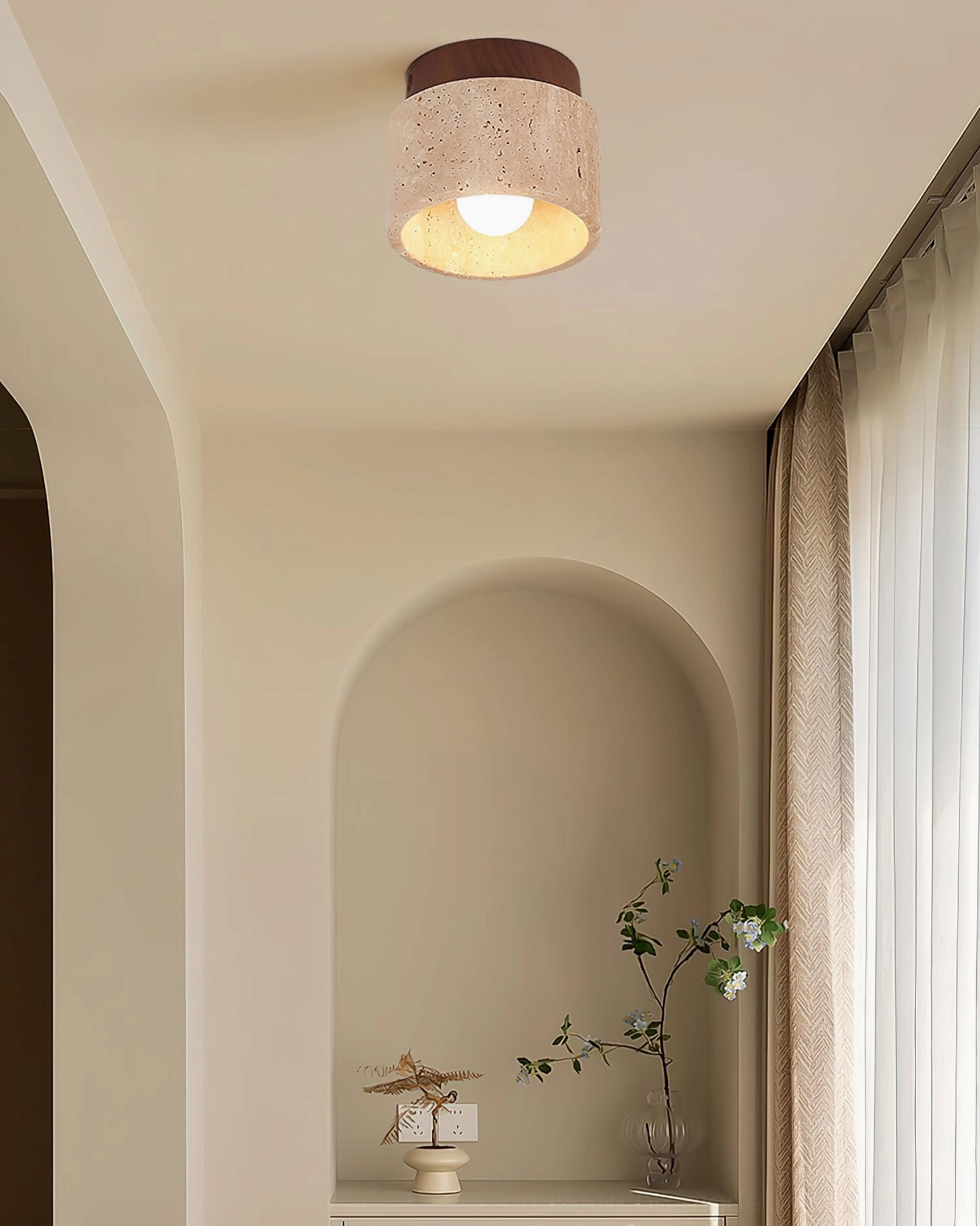 Gaila cylindrical travertine ceiling light residential arched alcove installation warm glow