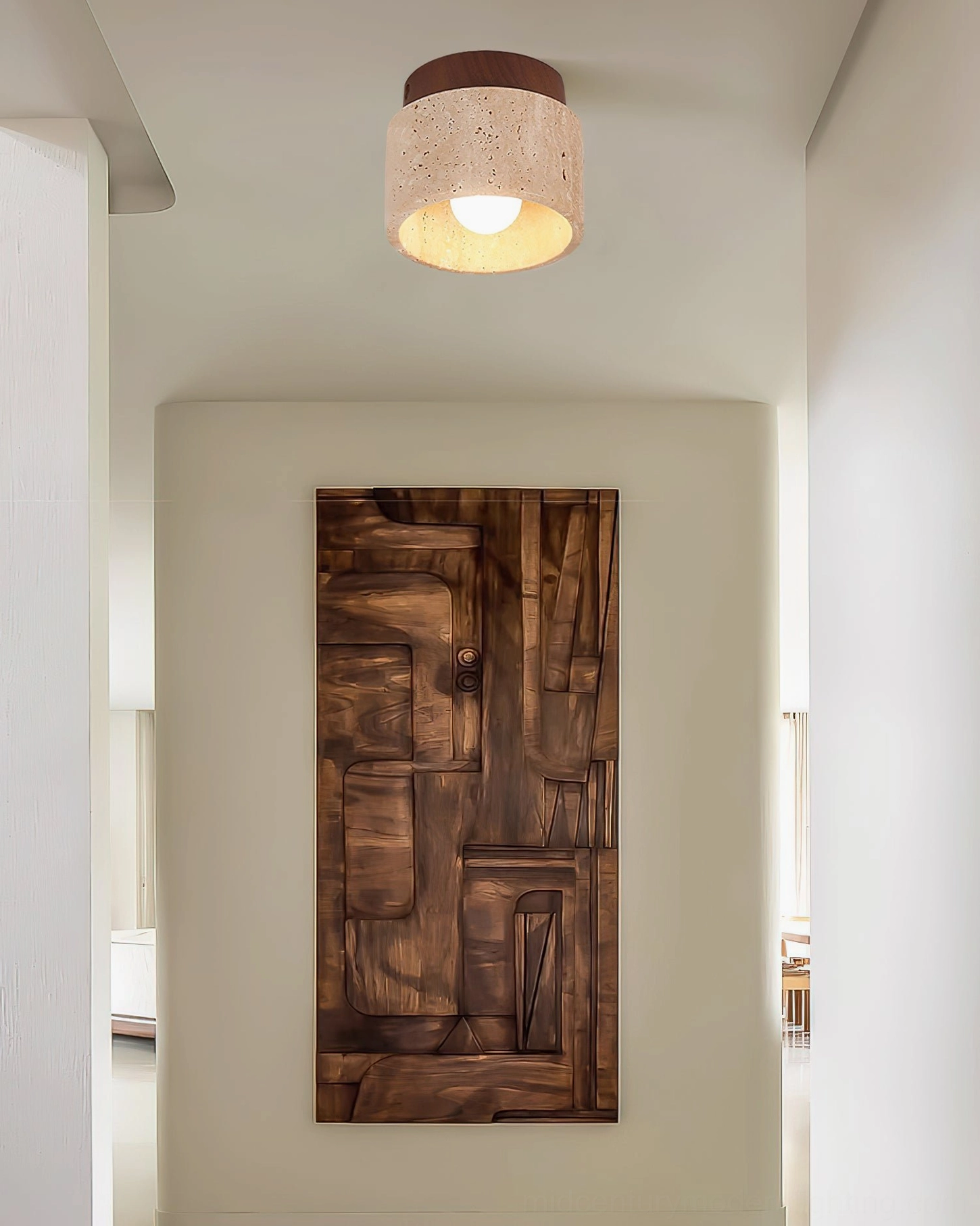 Gaila travertine geometric ceiling light fixture natural stone warm wood base design detail
