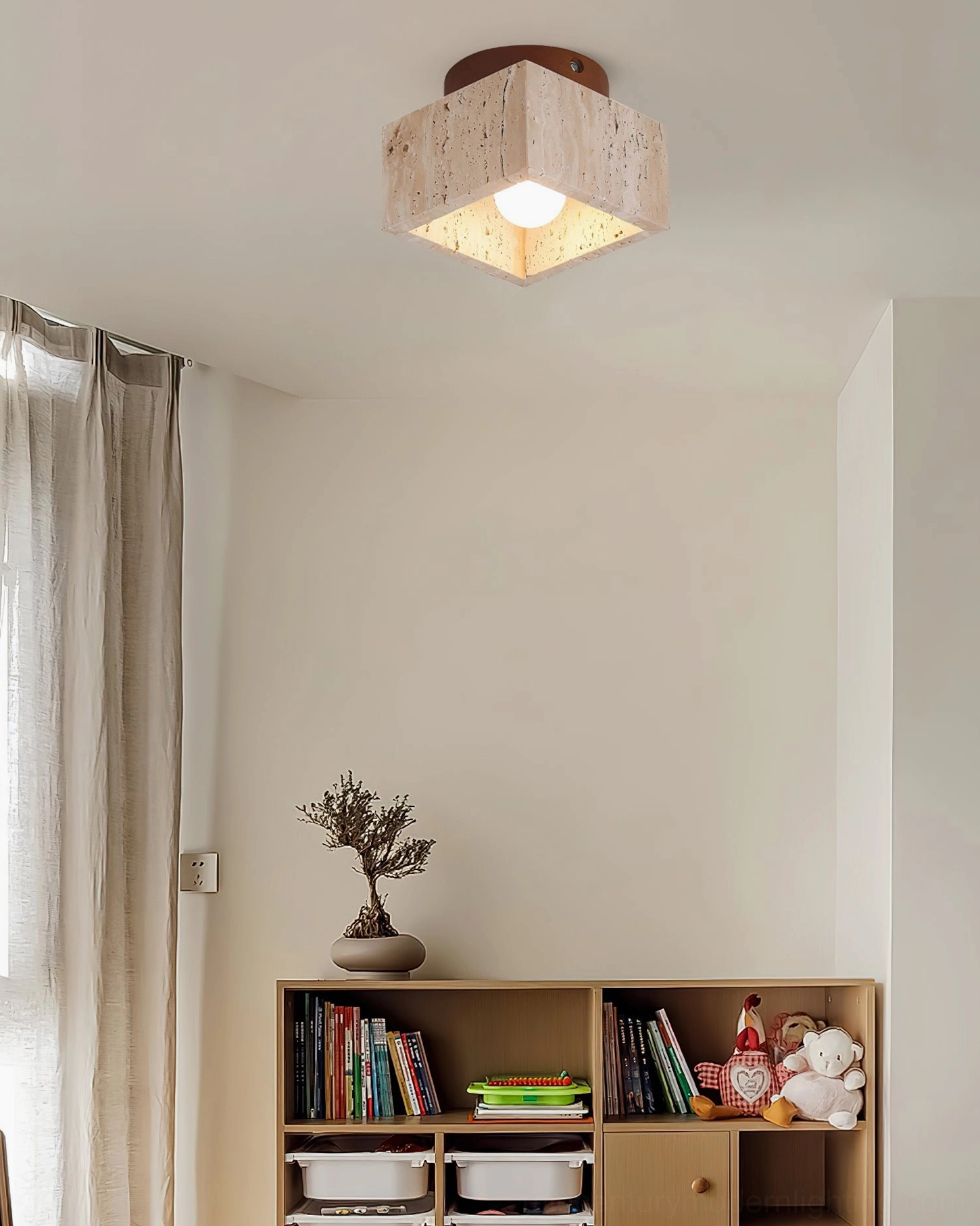 Gaila travertine ceiling light in modern living room bookshelf interior design setting