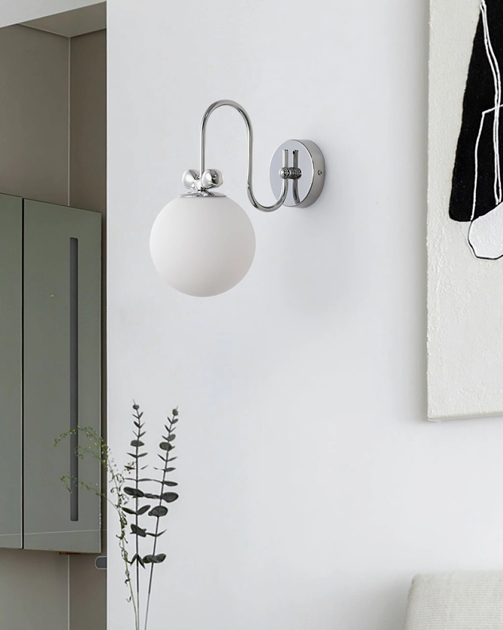 Galaxy Lux mid-century modern wall sconce featuring curved chrome arm and omnidirectional frosted globe light diffusion