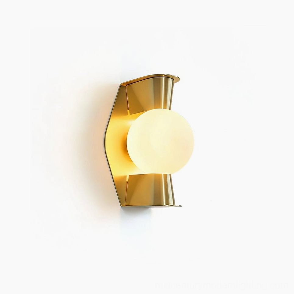 Gale Globe Wall Sconce with illuminated frosted glass orb and polished brass metal frame, frontal studio view showing warm halo light effect