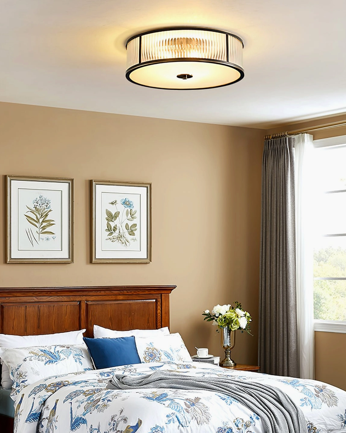 Geneva mid-century ceiling lamp in classic American bedroom with wooden bed frame and botanical art