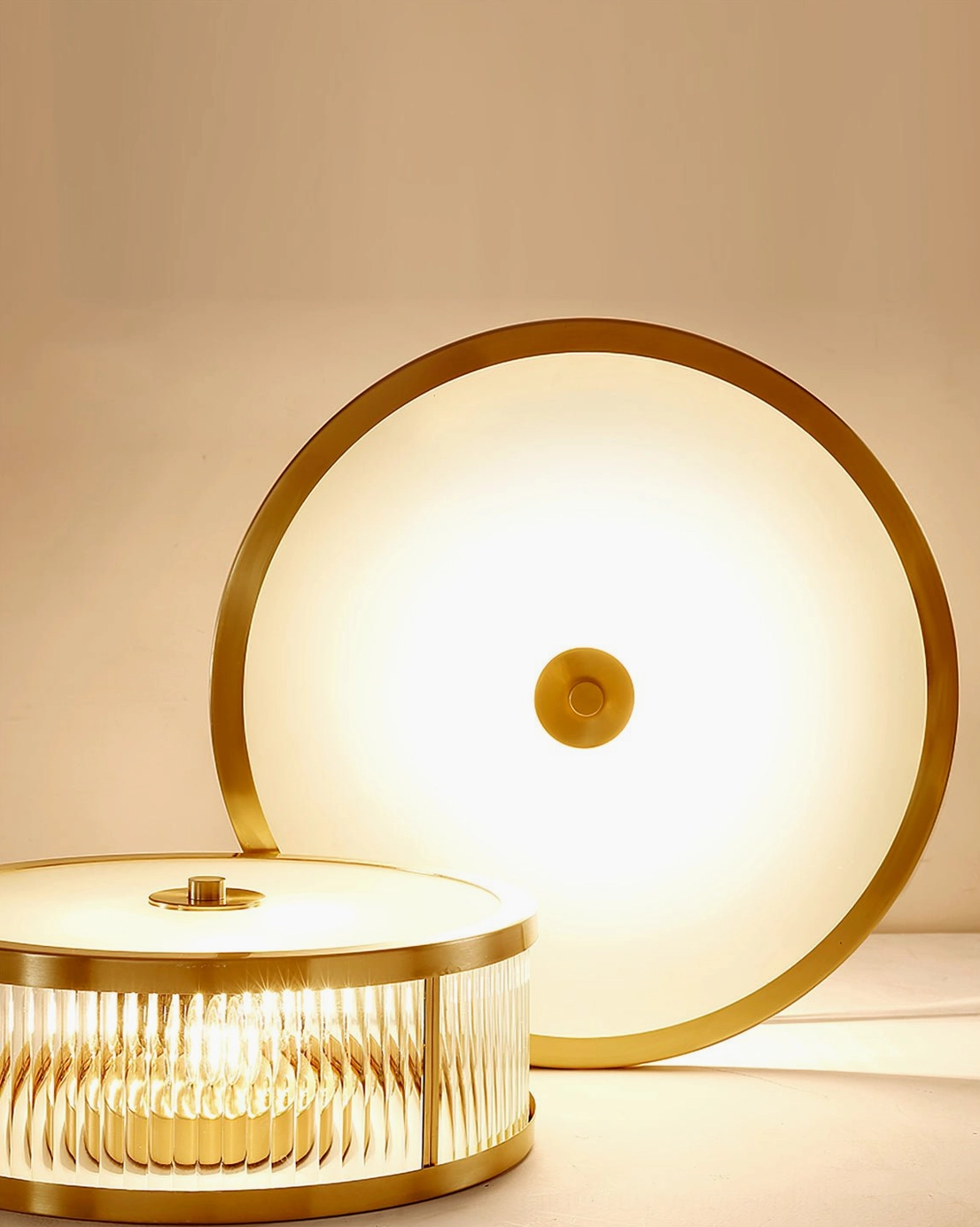 Geneva mid-century modern flush mount lamp 360-degree product view polished brass finish